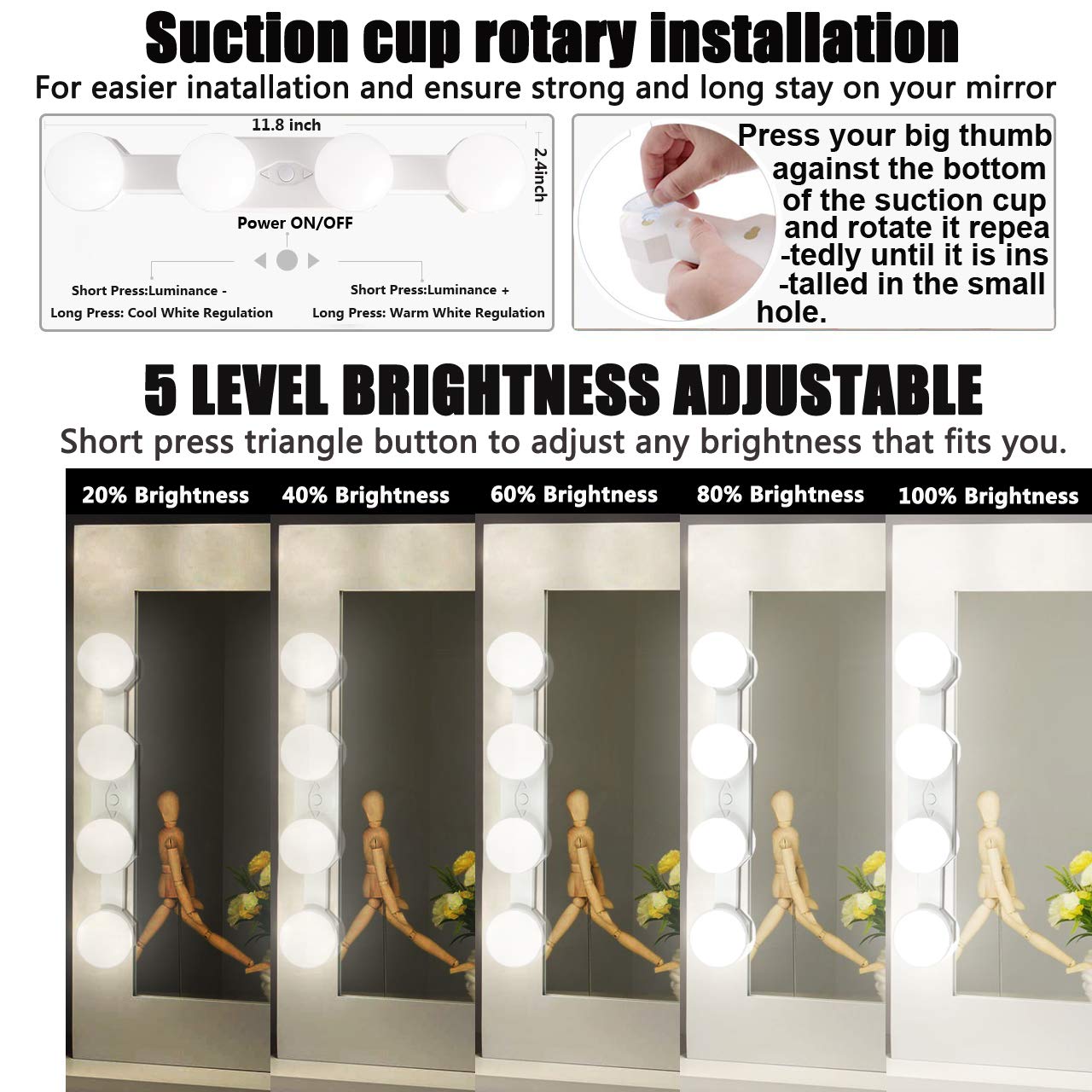 Assemer Portable Makeup Light, Cordless LED Vanity Mirror Lights, Adjustable Brightness & Color Temperature, White, Model ZJJS021-SRK