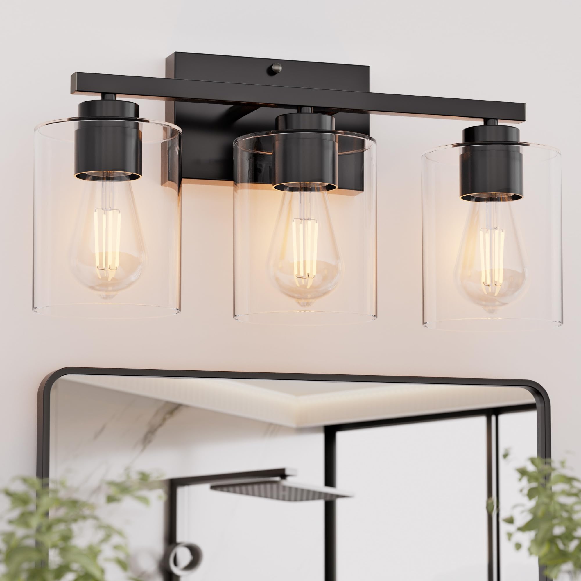 Honesorn Bathroom Vanity Light, 3 Light Fixtures, Matte Black With Clear Glass Shade, Modern Over Mirror, E26 Base