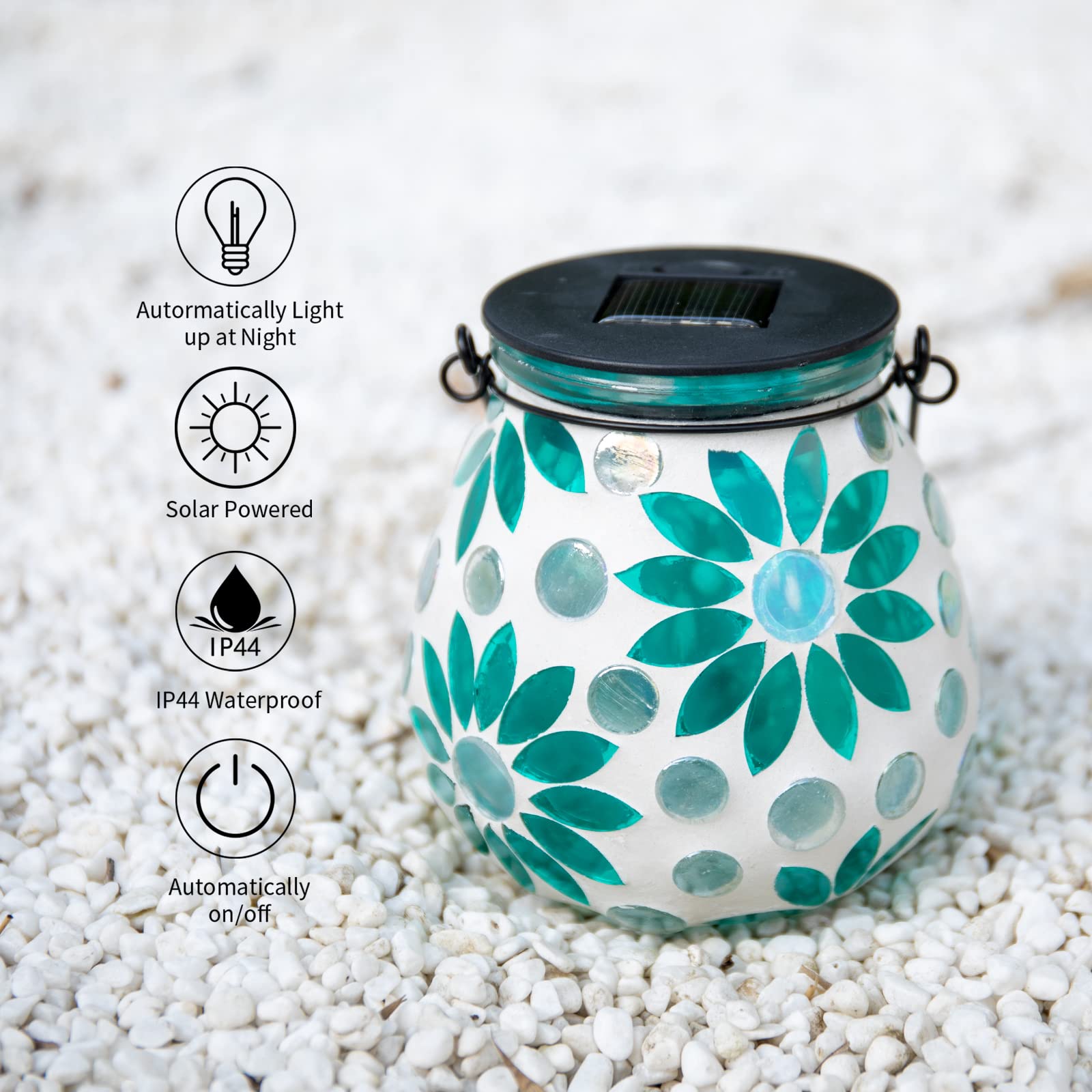 Afirst Mosaic Solar Lantern - Glass Hanging Outdoor Light, Waterproof Table Lamp, Blue Daisy, Model 4428721