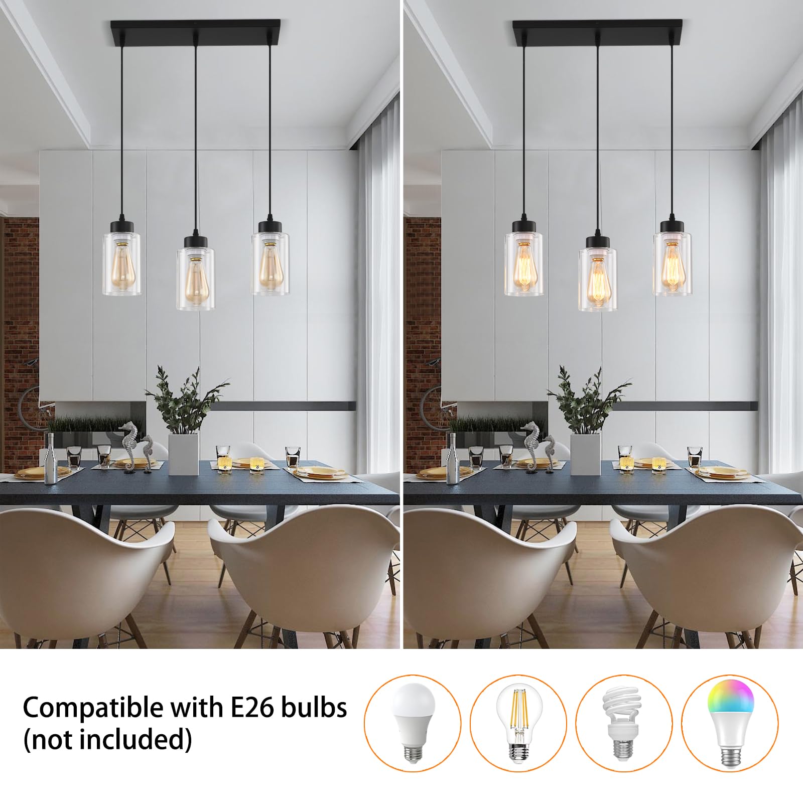 Cafulam Black Chandelier Farmhouse Light Fixtures Over Table  Dining Room Light Fixture Kitchen Island Lighting Chandeliers Modern Pendant Light With Clear Glass Shade Industrial Hanging Lighting