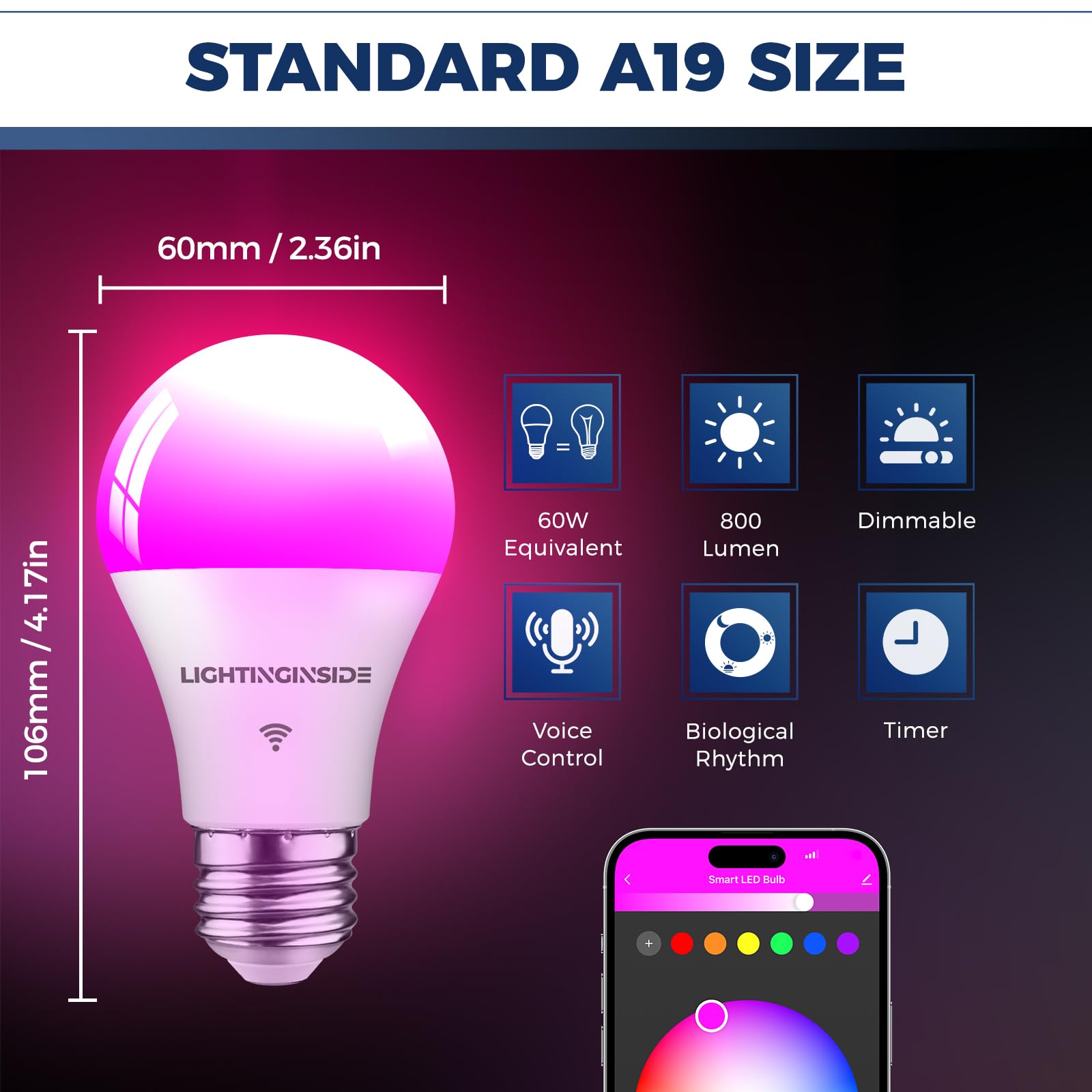 Lightinginside Smart Light Bulbs 60W Equivalent, Wifi Smart Bulb Compatible With Alexa/Google Assistant/Smart Life, A19 E26 Rgbc