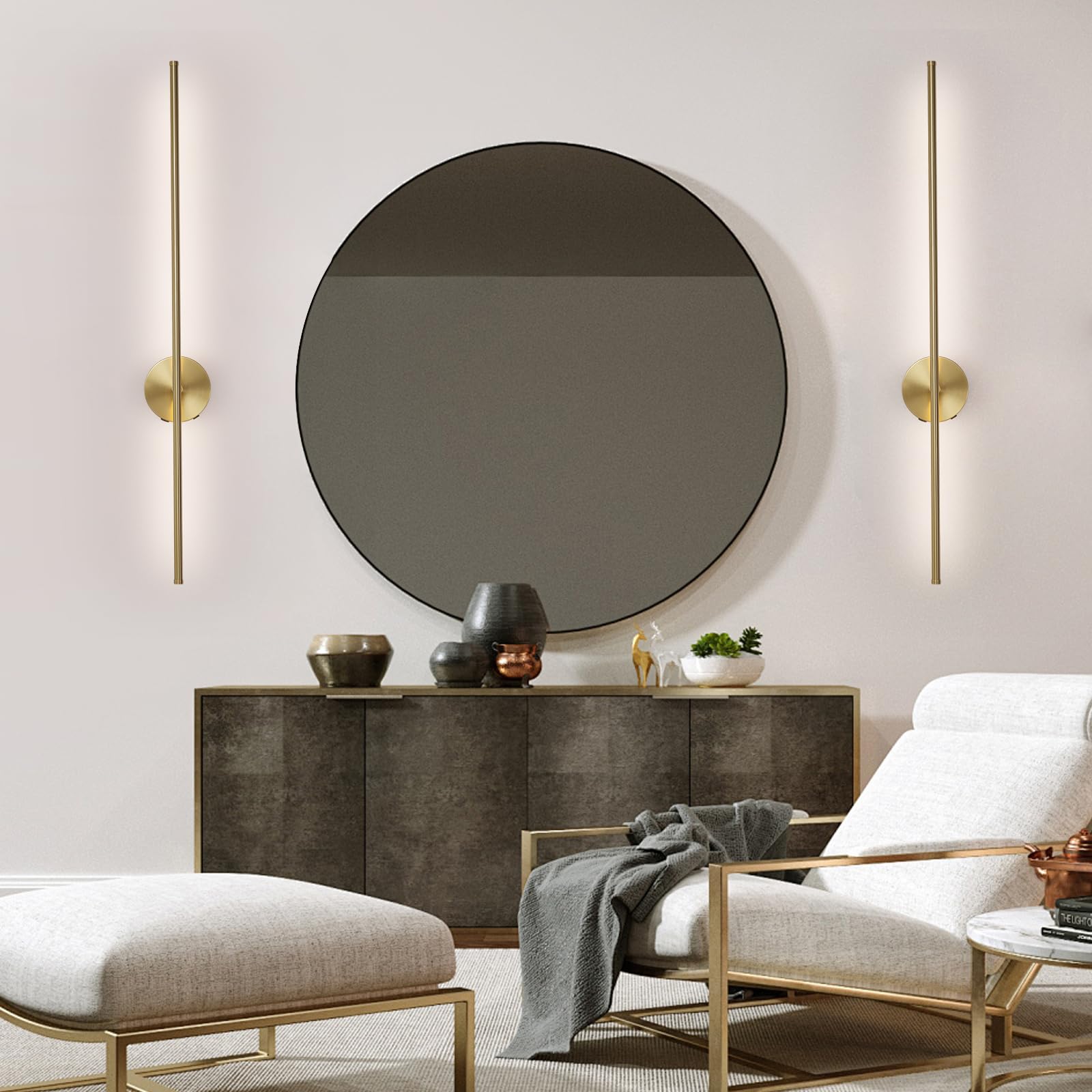 HONGREN 40in Gold Battery Operated Wall Sconces, LED Dimmable with Remote Control, Set of Two, Modern Metal Design