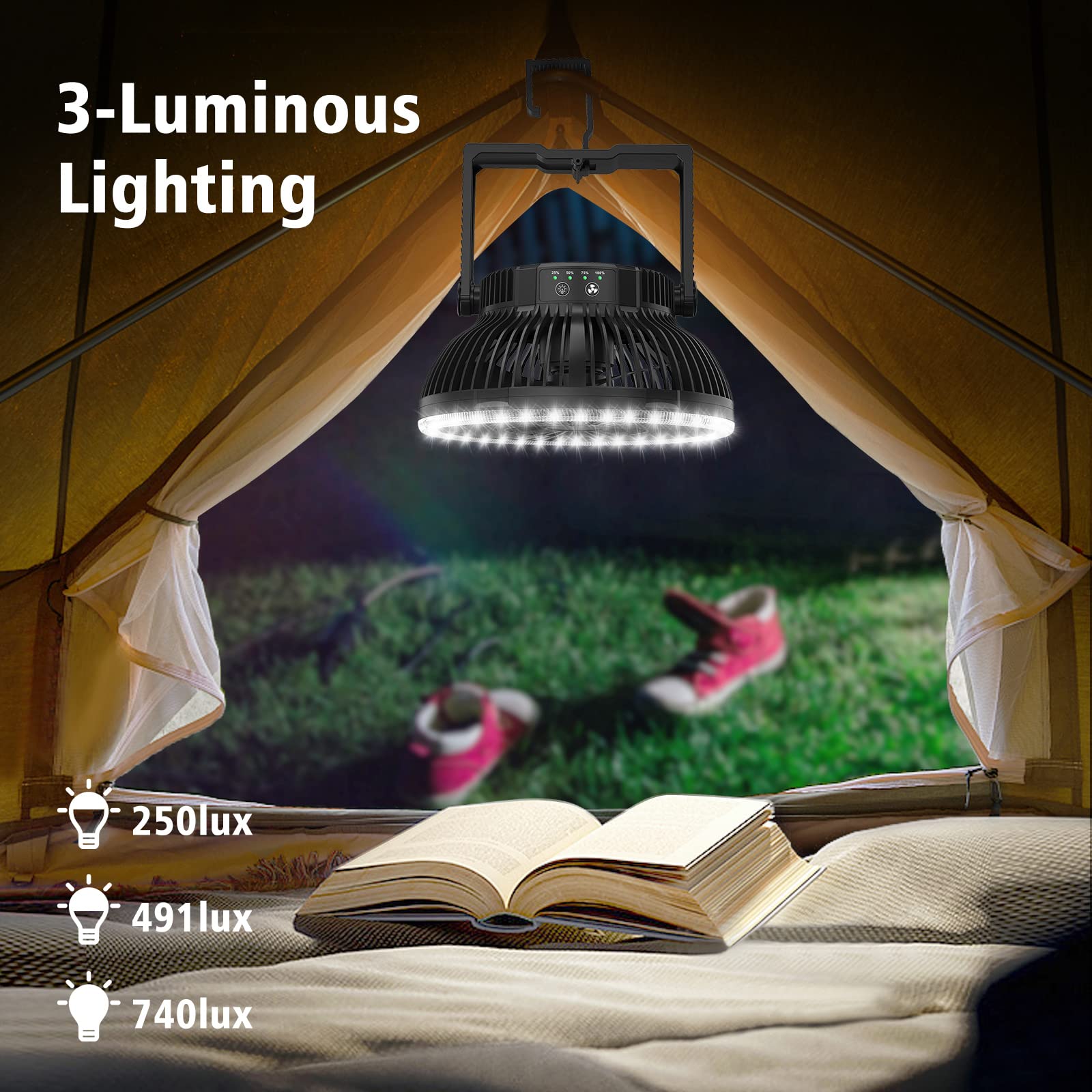 MORECORE Camping Fan with LED Lantern - 10000mAh Rechargeable 8" Tent Fan, Lightweight, with Hanging Hook for Outdoor Use