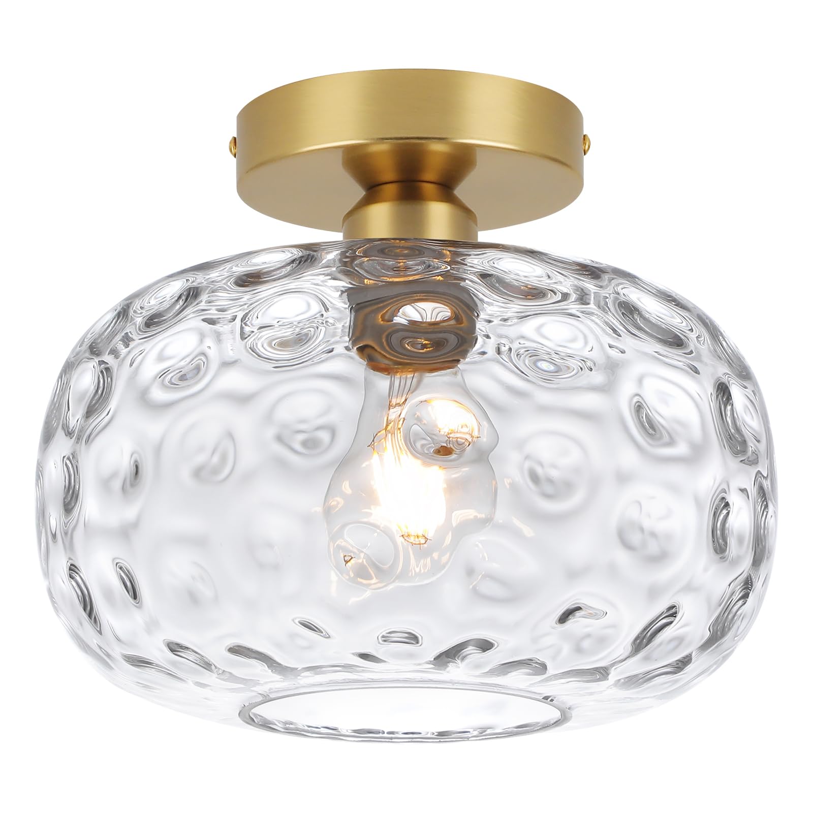 WILON Modern Gold Semi Flush Mount Ceiling Light - Kitchen Ceiling Light Fixture 9.84'' Hammered Clear Glass Shade Hallway Light