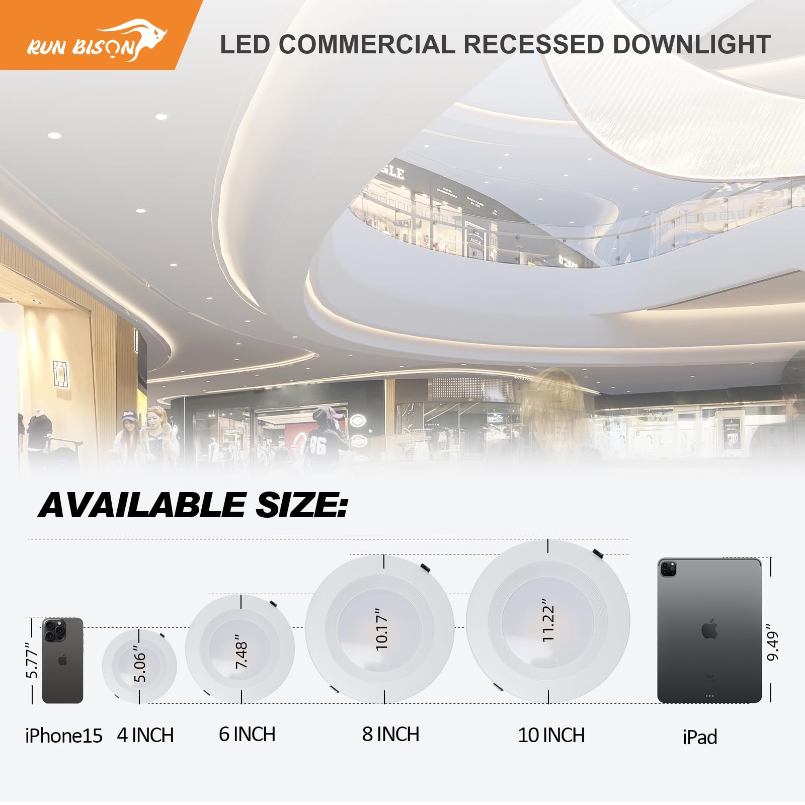 Run Bison 6 Inch LED Commercial Downlight, Adjustable 12/16/20W, Dimmable, IC Rated, White, UL Listed, 3000K-5000K Color