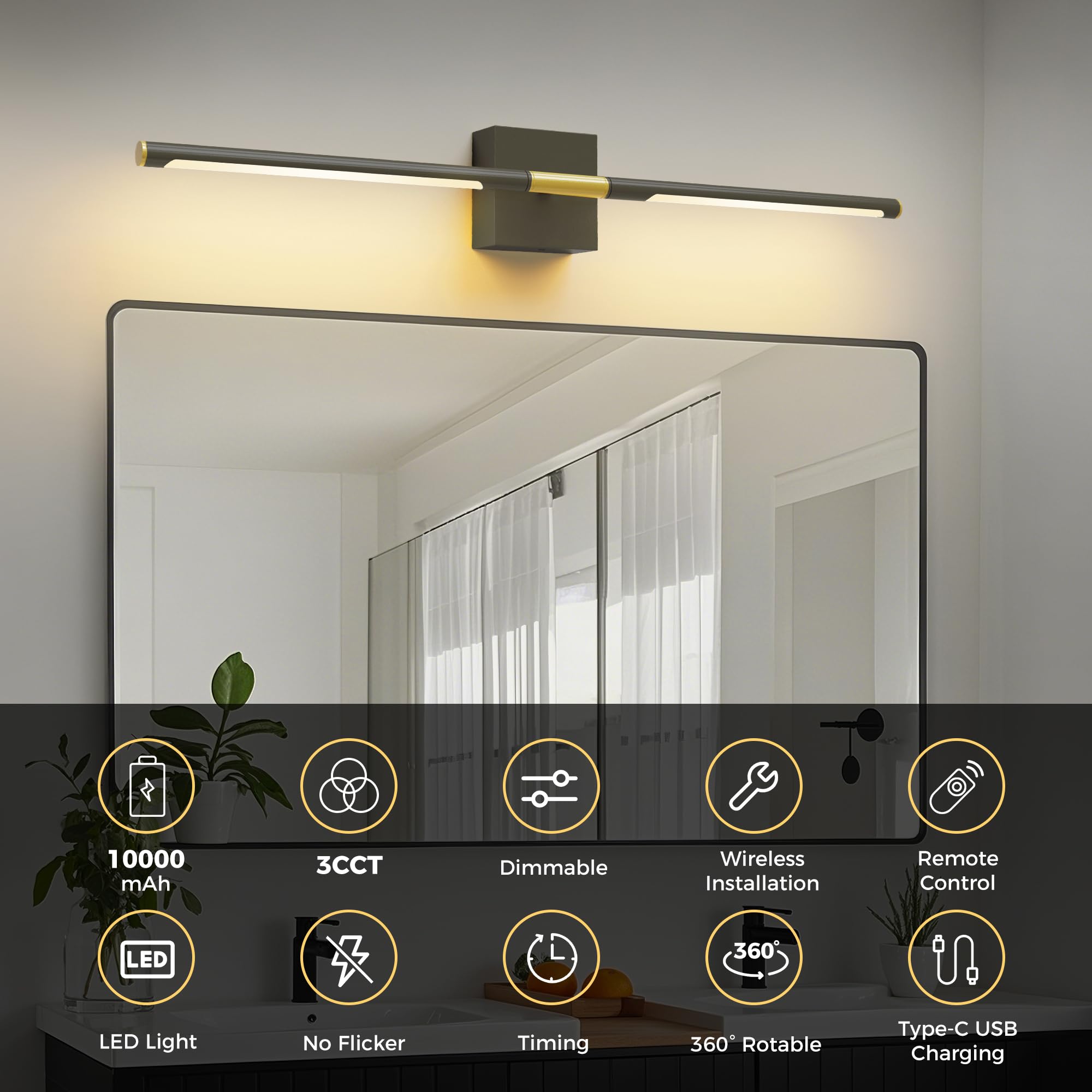 L LOHAS LED Battery Operated Wall Sconces Set of 2, 28.1in Gold & Black Aluminum, 3CCT Rechargeable Wireless Lights for Bedroom & Living Room