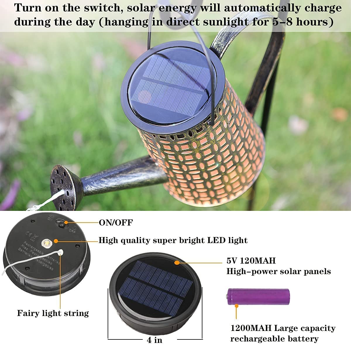 ZUSONUD Solar Lights Outdoor Garden Decorations, Iron Watering Can Lantern, Large, Warm White, Model KTL0310