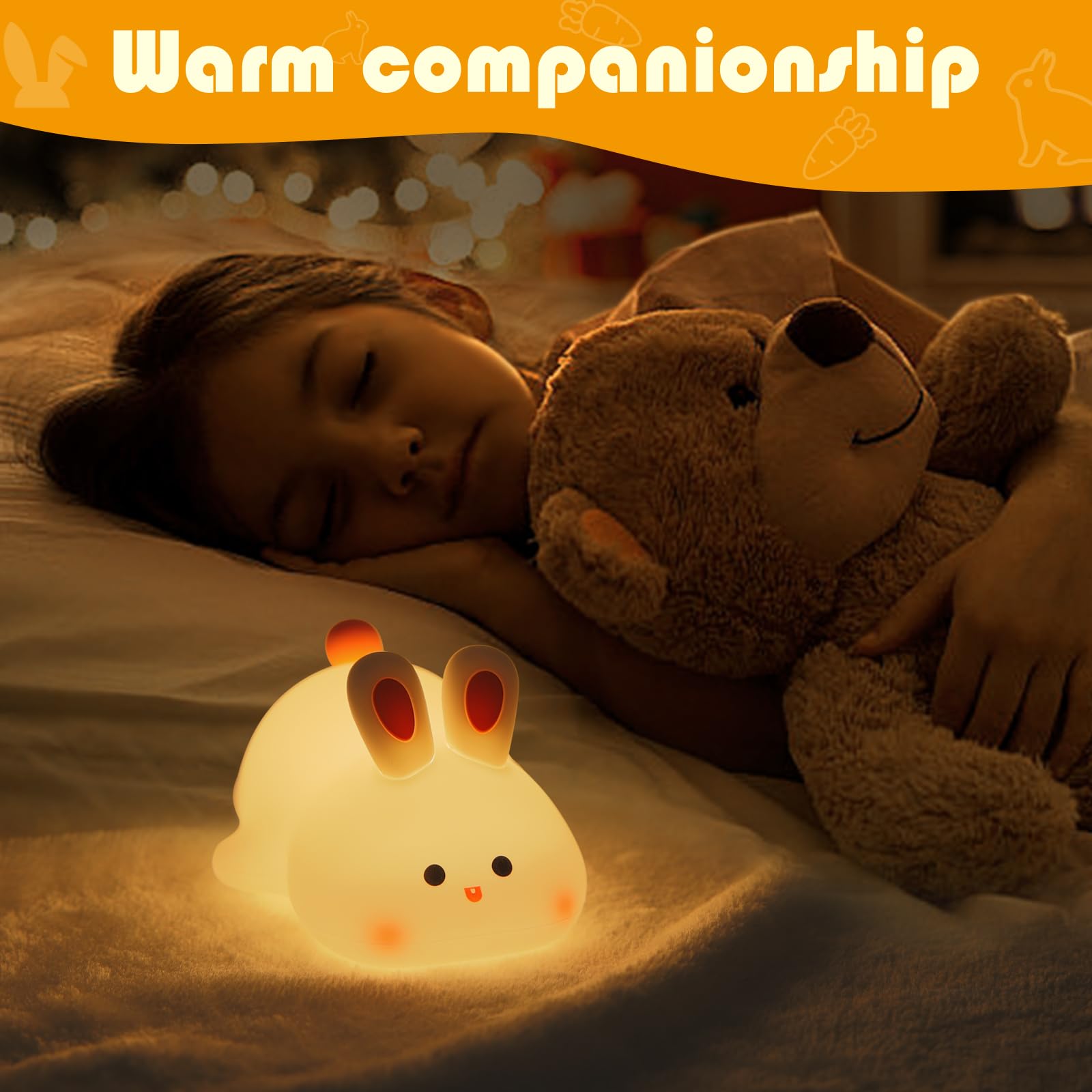 YISUN Bunny Night Light, Rechargeable LED Lamp, 3-Level Dimmable, Cute Silicone Design for Kids Room, Model K-1153