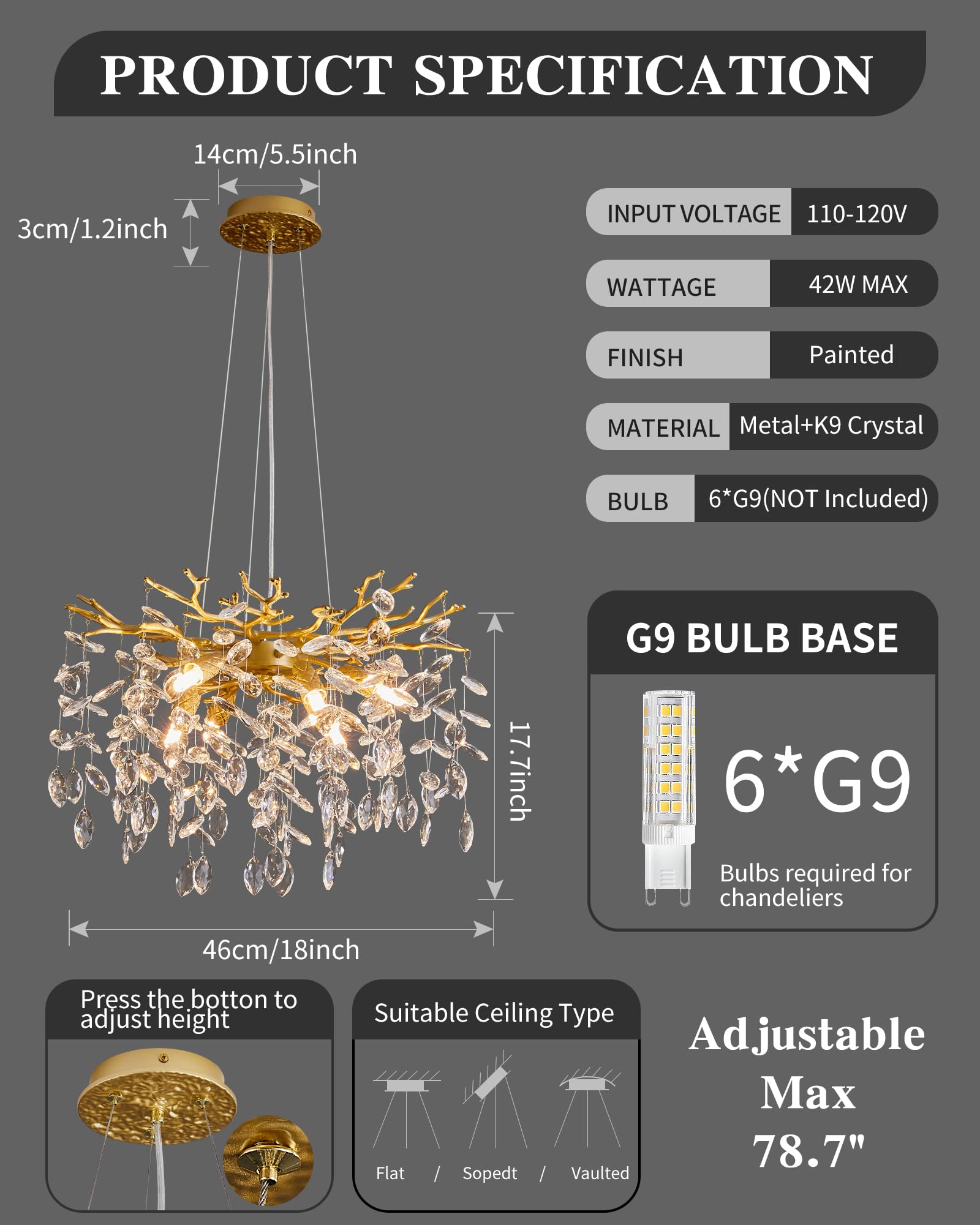 Witkey Modern 6-Light Crystal Chandelier, 18" Gold Pendant Lighting for Dining Room, Kitchen, Bedroom, Living Room, Model CHL-2301-D460