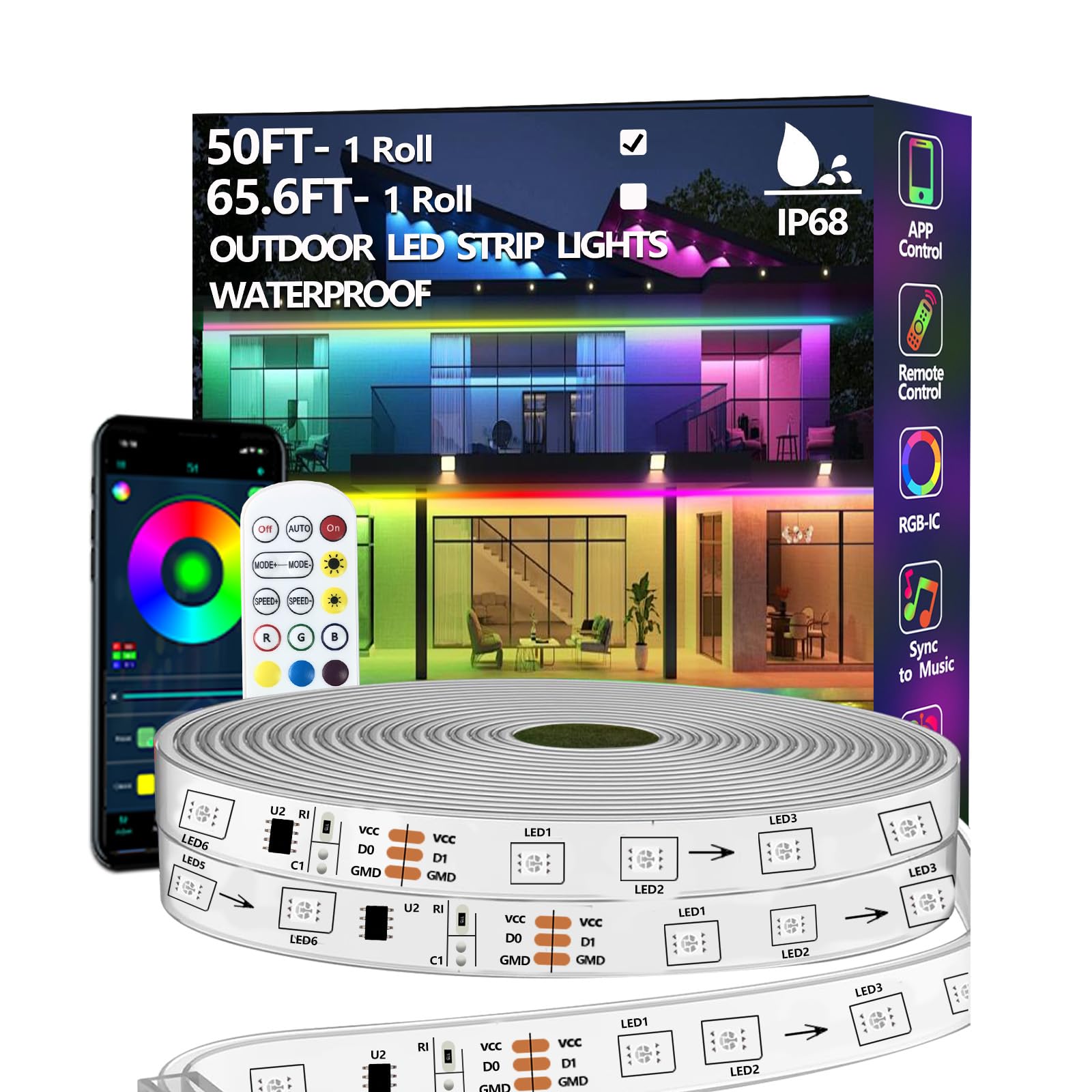 httpsmp 50FT Outdoor LED Strip Light, IP68 Waterproof RGB+IC, App/Remote Control, Music Sync, Model RGB-IC-IP68-2