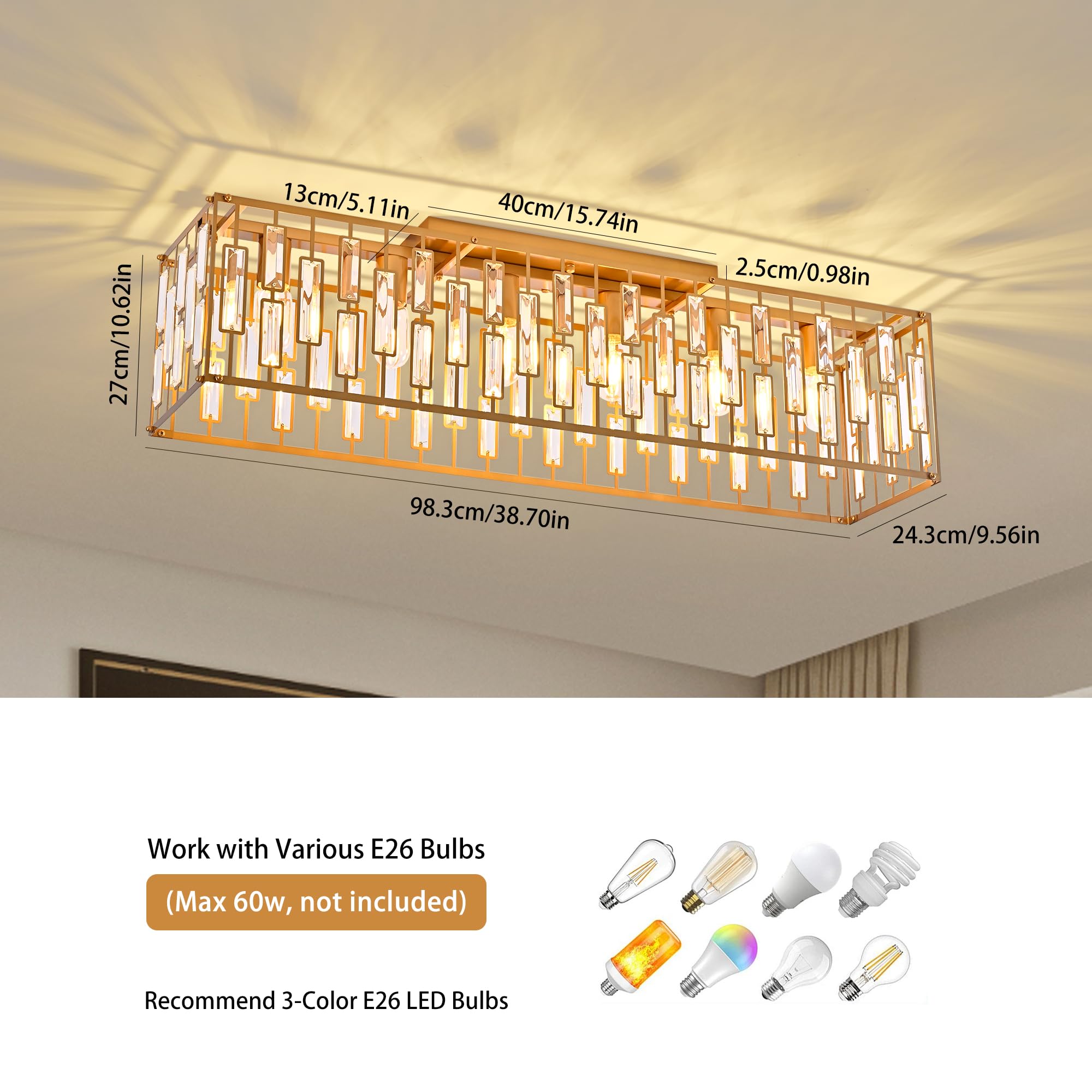 Garwarm Gold Crystal Chandelier, 6-Light Rectangle Flush Mount Ceiling Light, Model TT-JD1002G-6, for Living Room and Dining Room