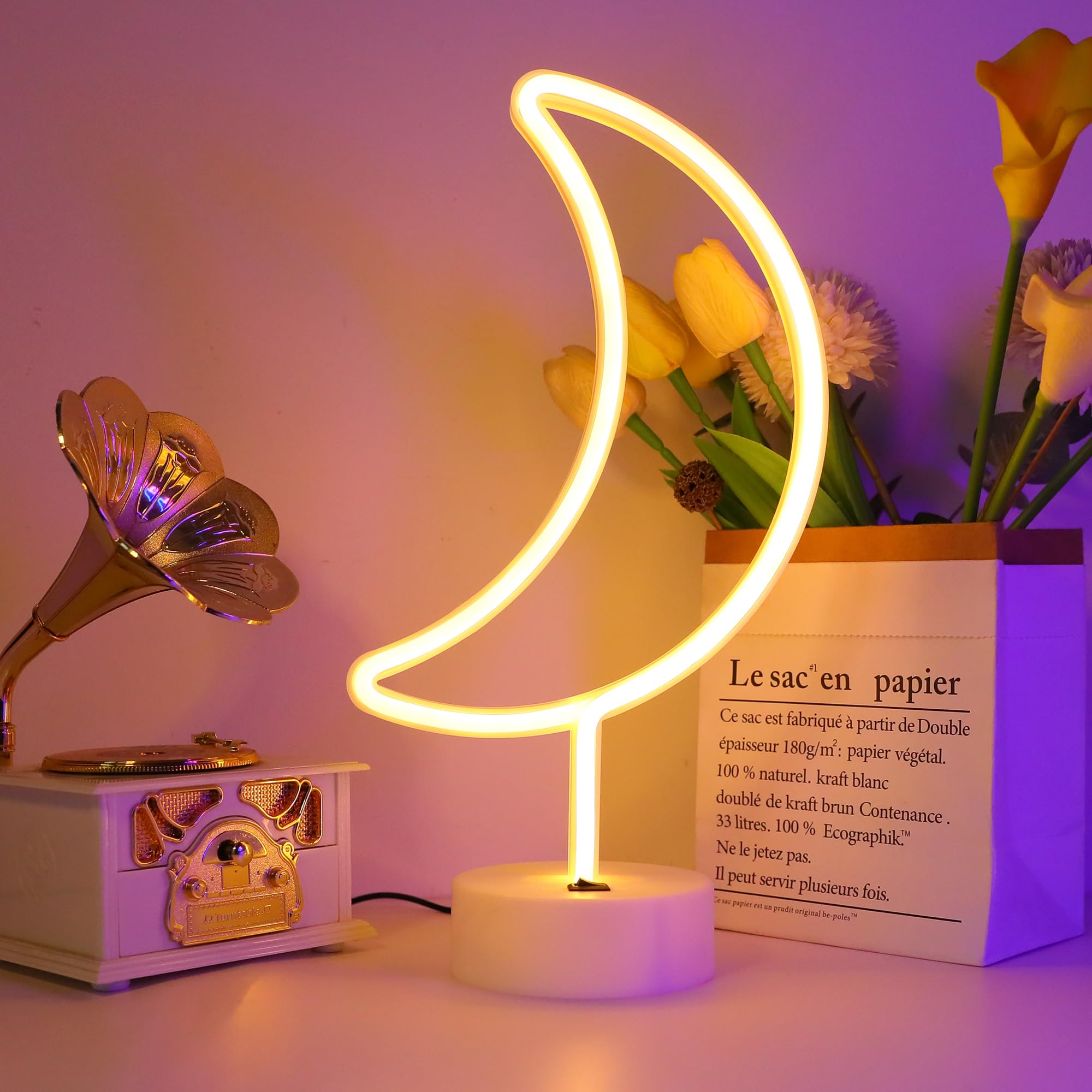 Enuoli Warm White Moon Shape Led Neon Night Light With Holder Base Moon Neon Sign Lamp Power By Battery&Usb Marquee Neon Sign Fo