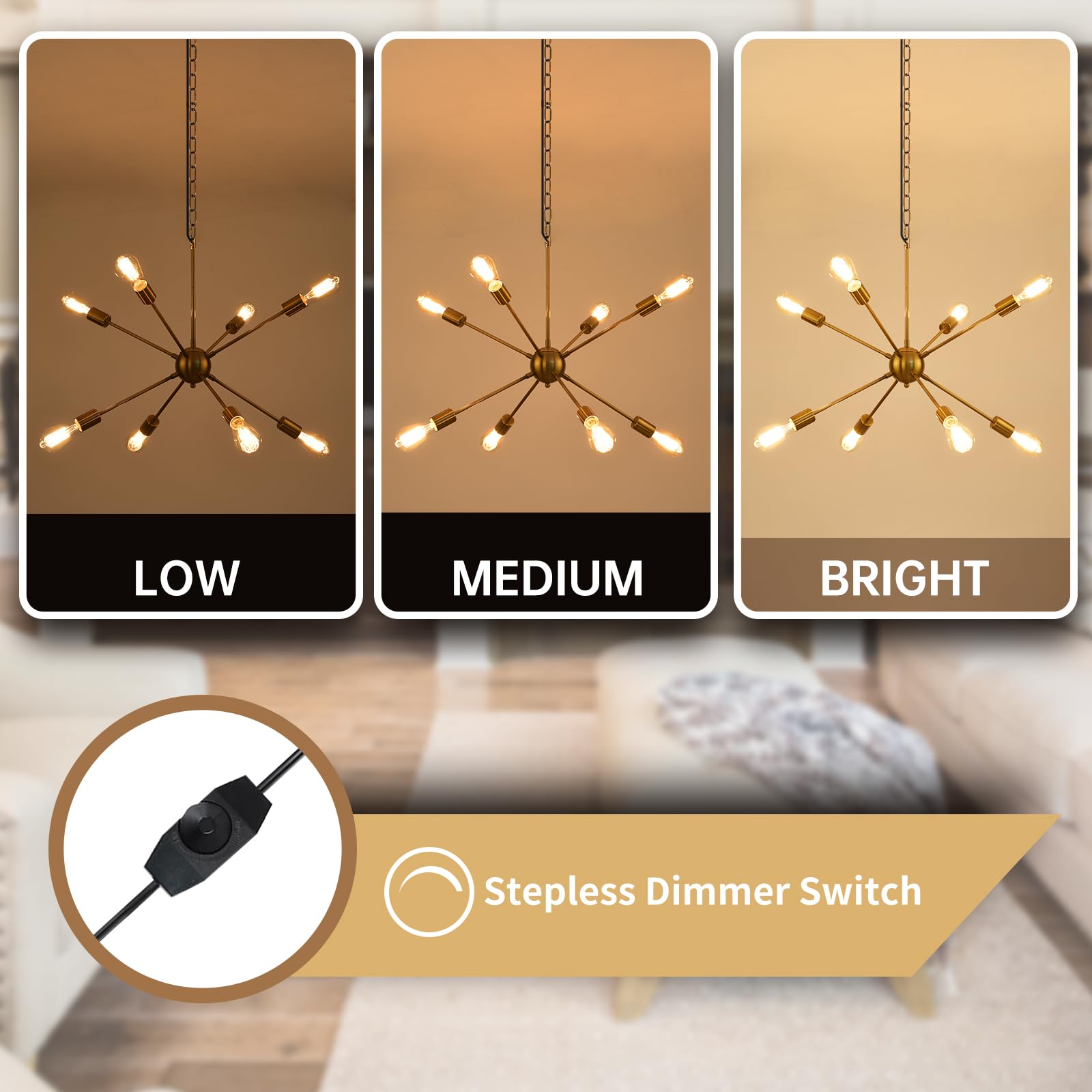 Hoxiya 26.3&quot; Gold Dimmable Plug-In Chandelier, 8-Light Modern Sputnik Pendant Light