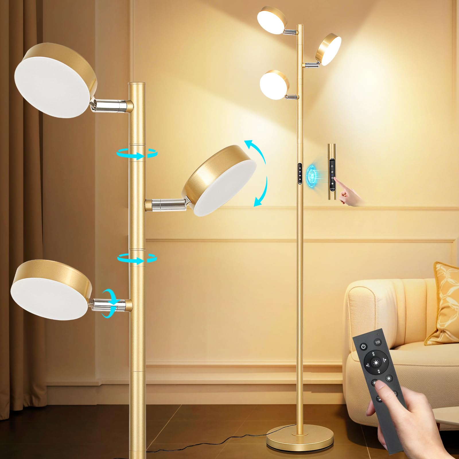 Benaep Tree Floor Lamp for Living Room - Modern Glod Standing Lamp, LED Floor Light with Remote & Touch, 3000K-6000K Dimmable fo