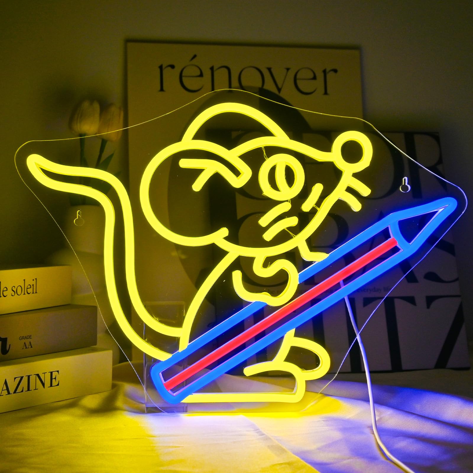 NXYX Pencil Neon Sign for Wall Decor Pencil Mouse School Neon Light Back To School Gift Back To School Gift USB Powered Led Ligh