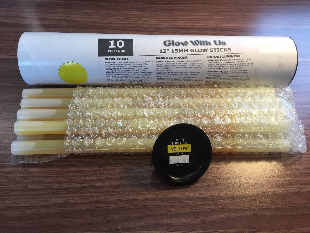 Glow With Us Glow Sticks - 100 Pack, 12” Yellow Jumbo Industrial Grade, 14-Hour Glow, Cardboard, Ideal for Camping & Emergencies