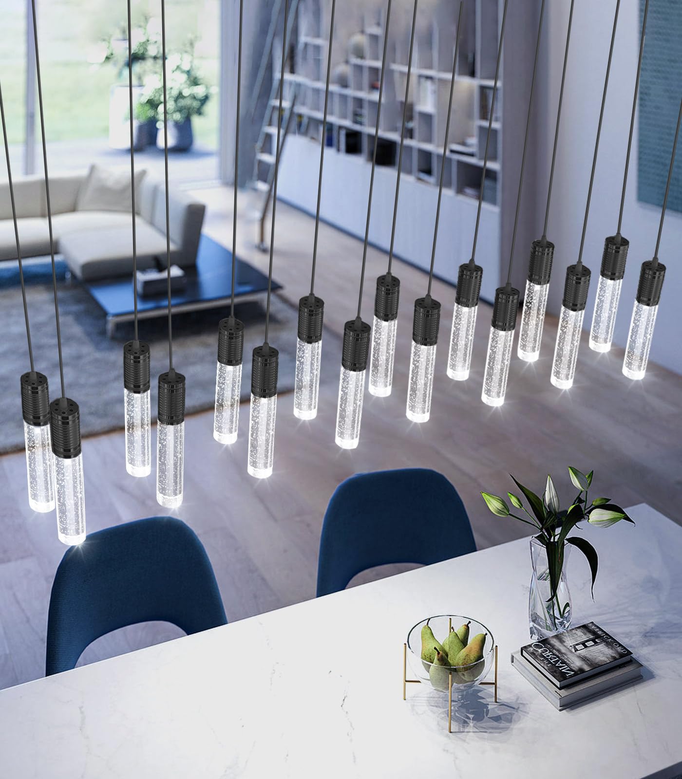 dolria 16-Lights Modern Crystal Rectangular Chandeliers LED Pendant Light for Kitchen Island High Ceiling Chandelier for Dining Room Entrance Foyer Living Room Black