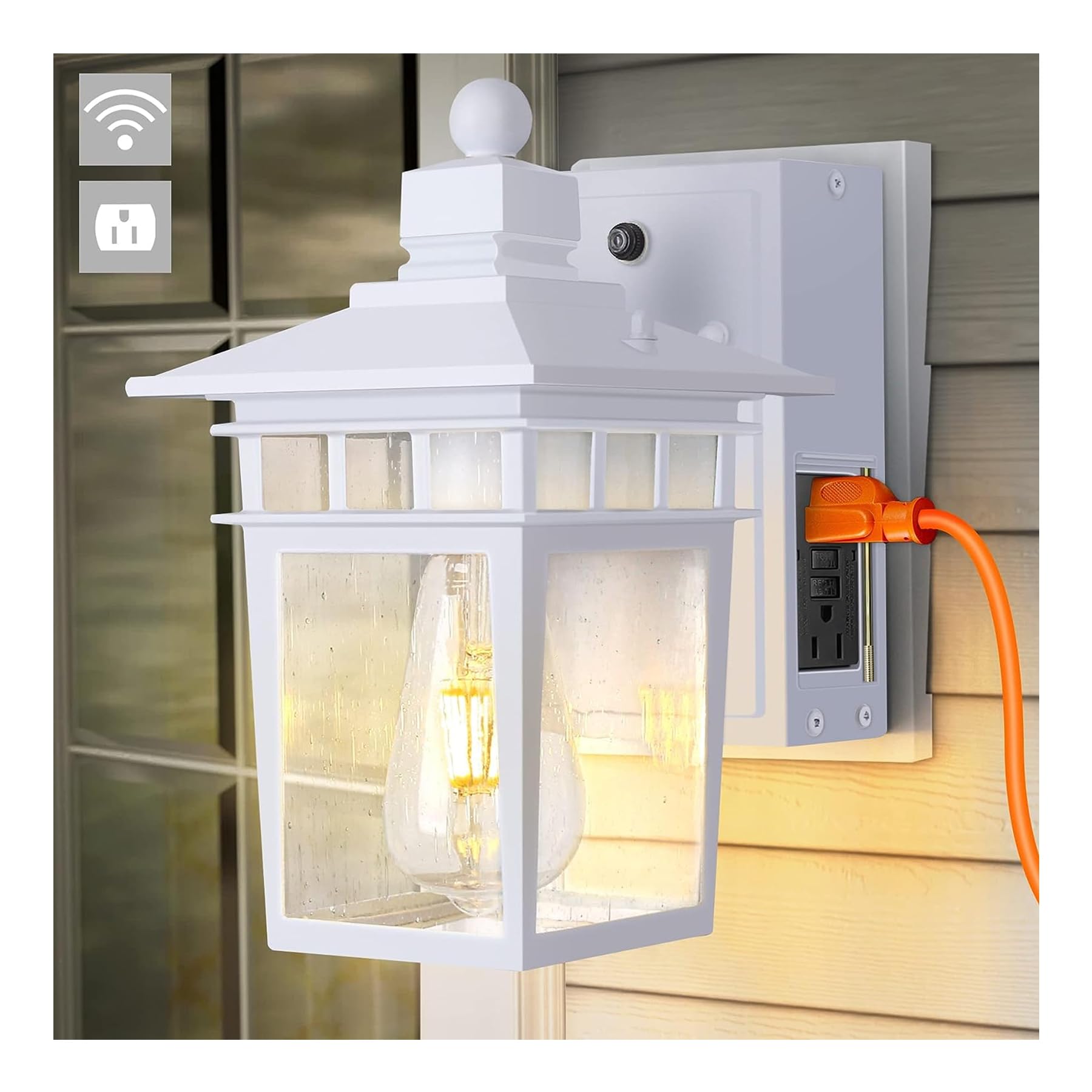 Apoto White Outdoor Porch Lights With Gfci Outlet, Waterproof Aluminum, Dusk To Dawn