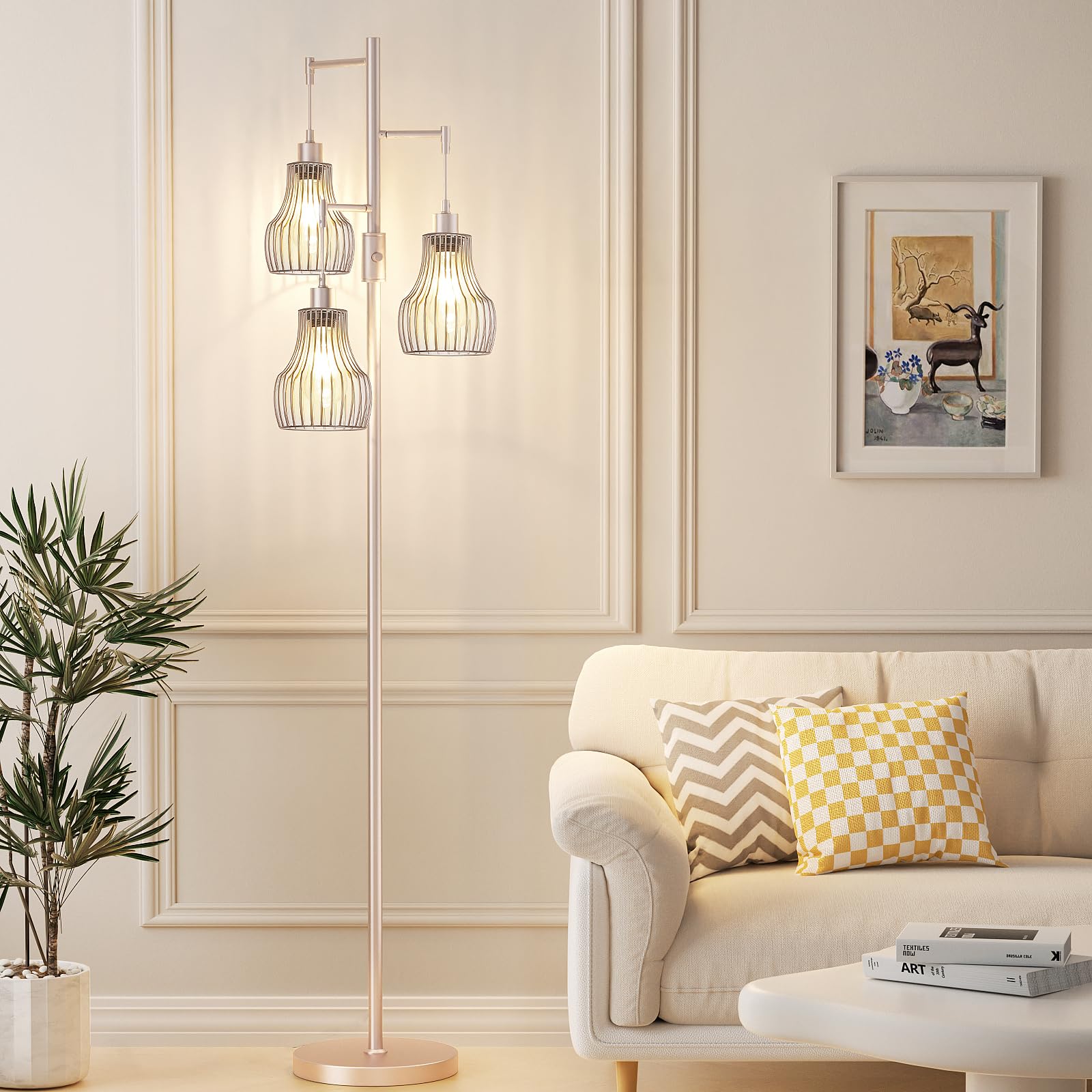 Ziisee Dimmable Floor Lamps For Living Room, Industrial Tree Standing Tall Lamps With 3 Elegant Cage Shade & 650 Lumens Led Bulb