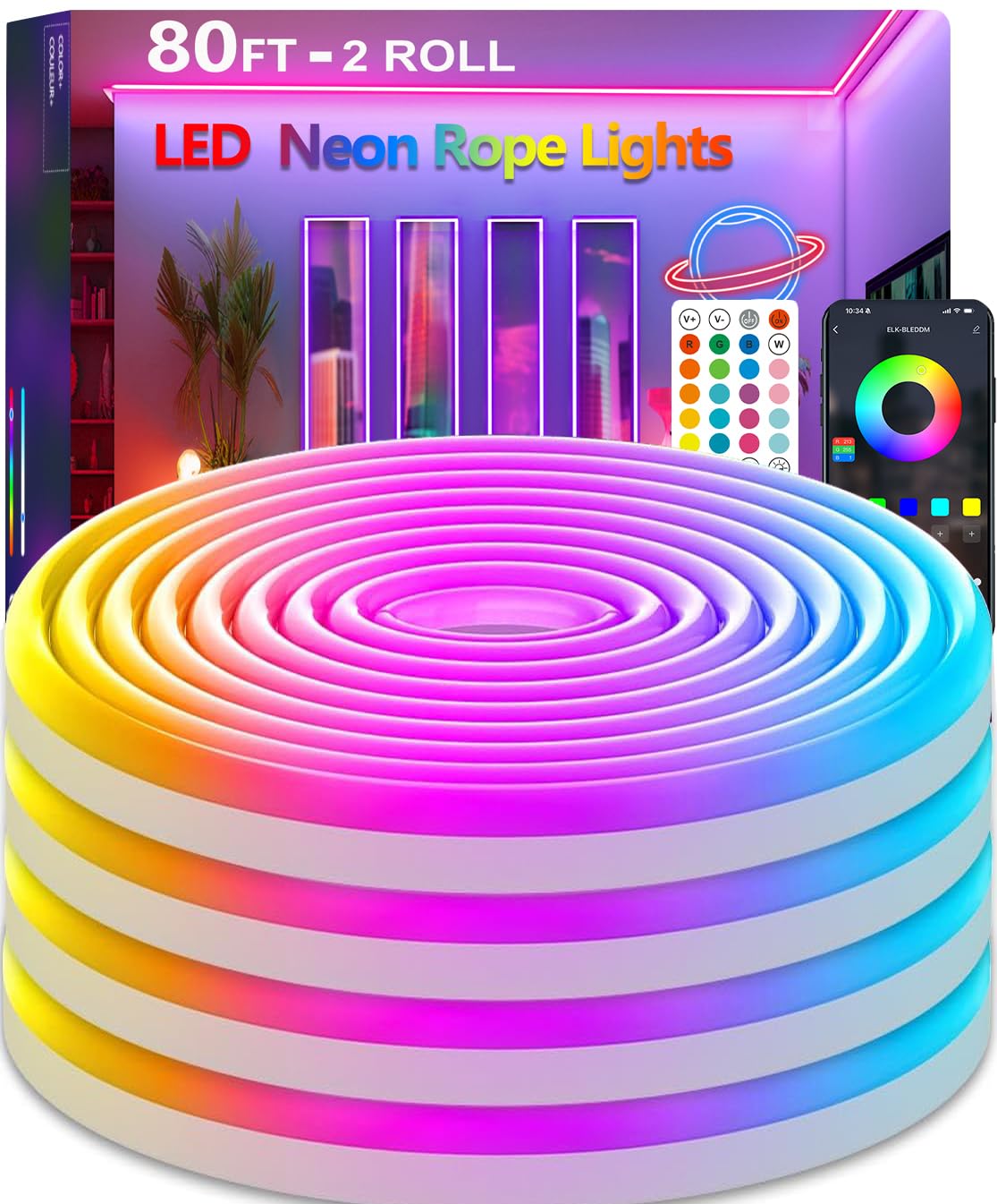 httpsmp 80FT (2 Rolls 40FT) Neon Rope Lights,Flexible Led Rope Lights Control with App/Remote,Multiple Modes Rope Lights,IP67 Ou