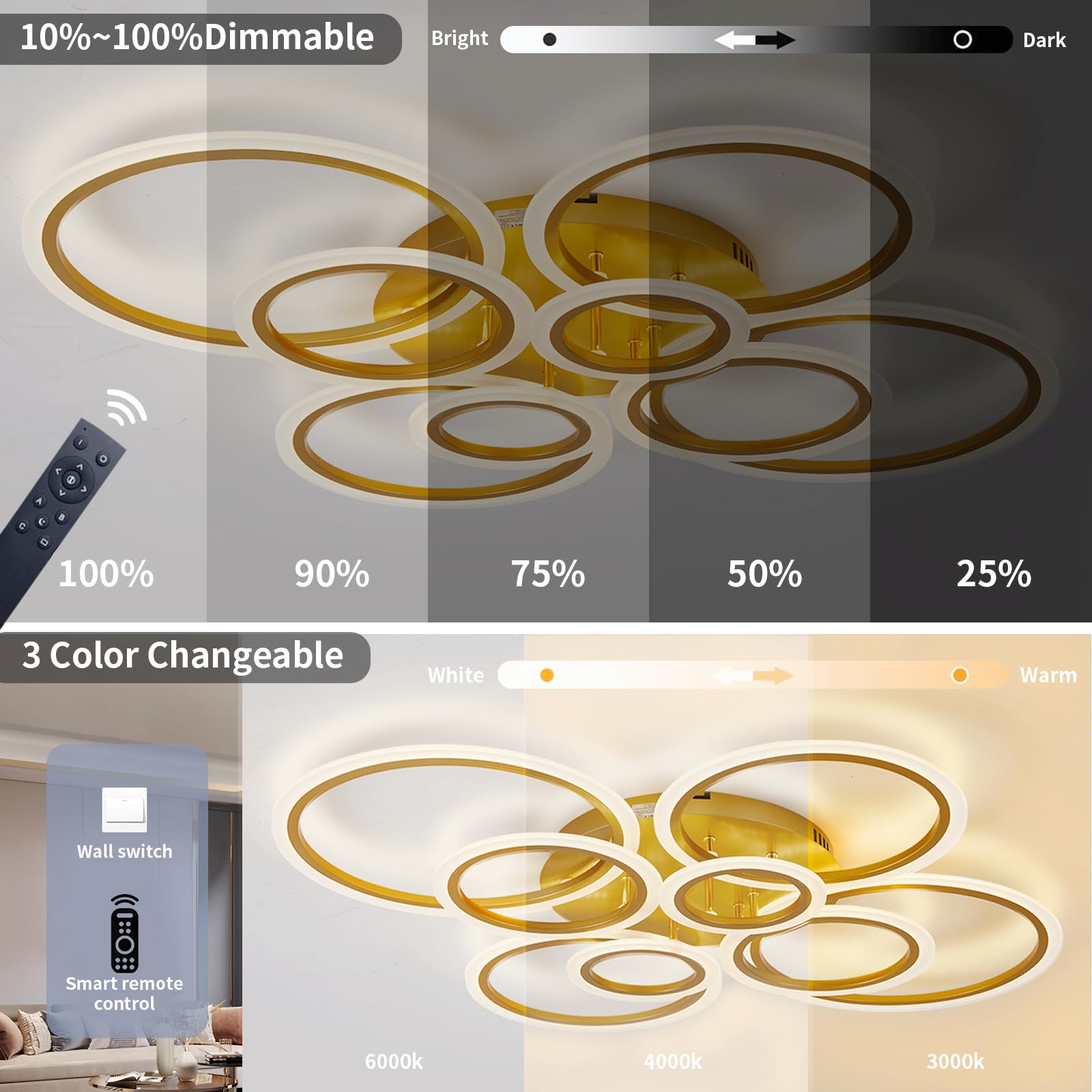 Dimmable Led Flush Mount Ceiling Light With Remote Control, 8-Ring Gold Design, Adjustable Color Temperature (3000-6000K) For Li