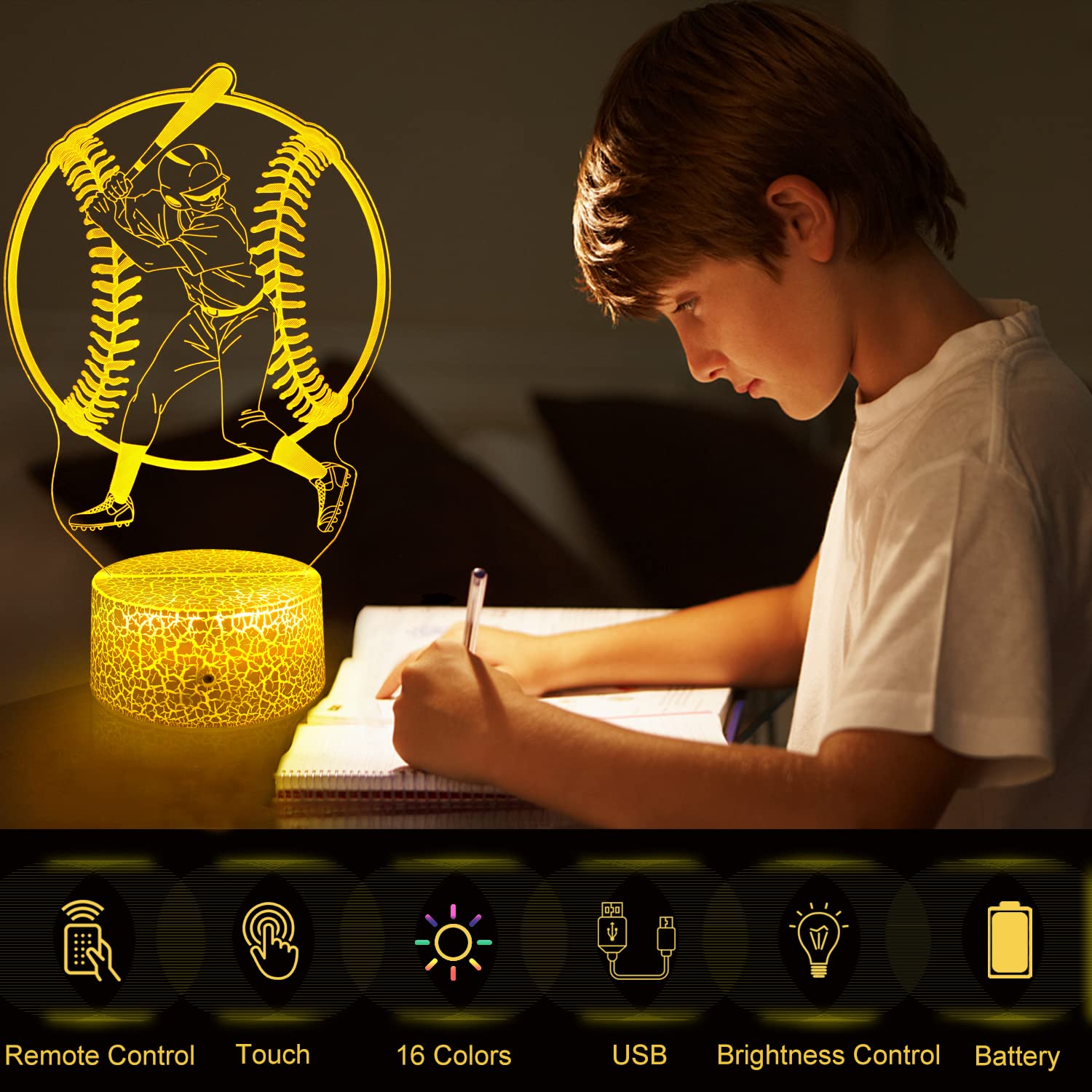 Gimfry Baseball Night Light Cool Baseball Gifts For Boys 16 Colors Changing With Remote&Touch Models Bedside Room Baseball Decor
