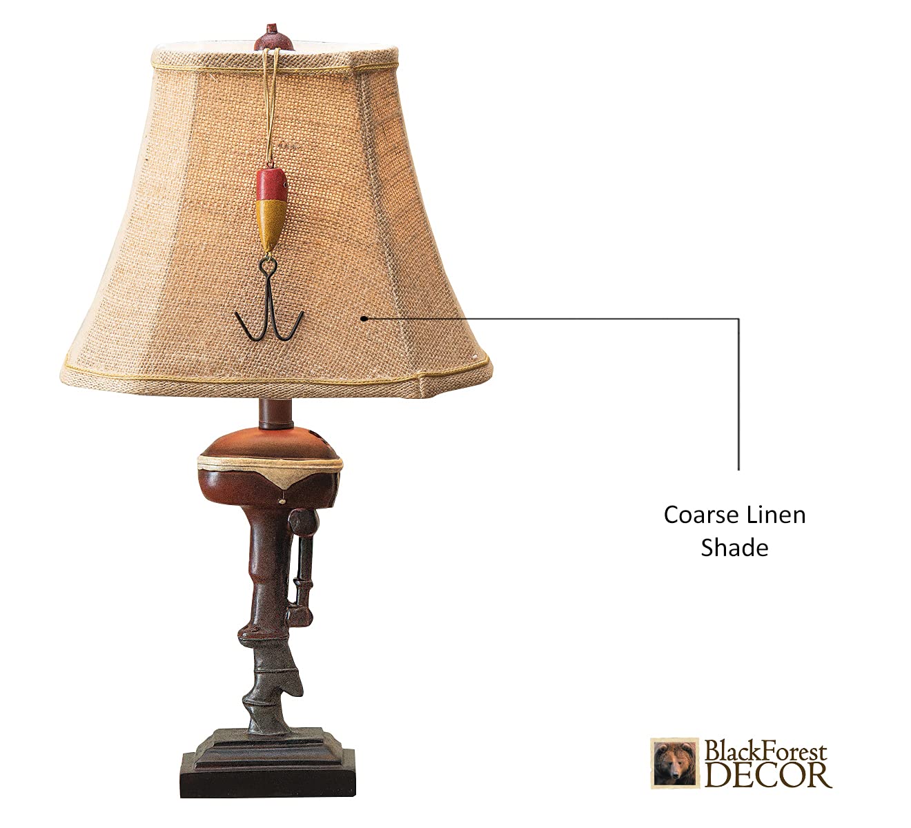 Black Forest Decor Outboard Accent Table Lamp - Rustic Boat Motor Fishing Lamp With Linen Shade - 11'' W X 8.2'' D X 20'' H