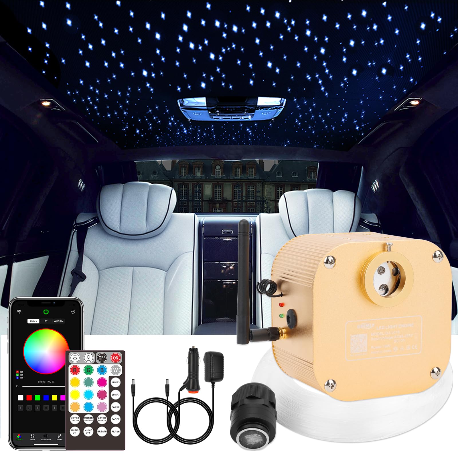 CHINLY Starlight Headliner Kit, 16W RGBW LED, 550pcs Fiber Optic Star Lights, 13.1ft, Multicolor, Model CY-10w16