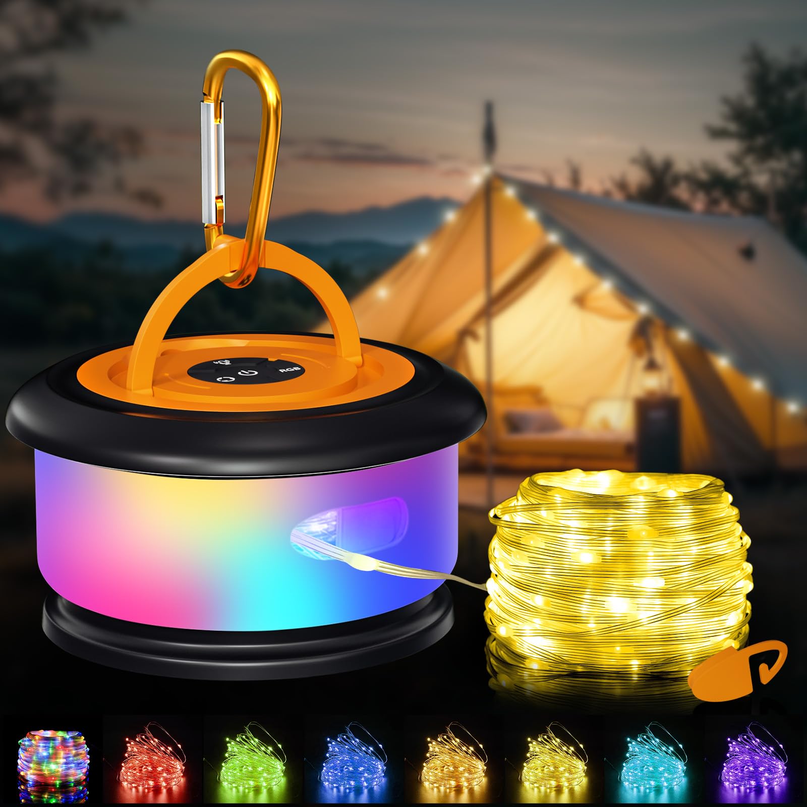 Bylitodt Camping String Lights, Retractable 32.8ft RGB Flash Lamp, Rechargeable LED Fairy Lights Outdoor Waterproof, Portable Ha