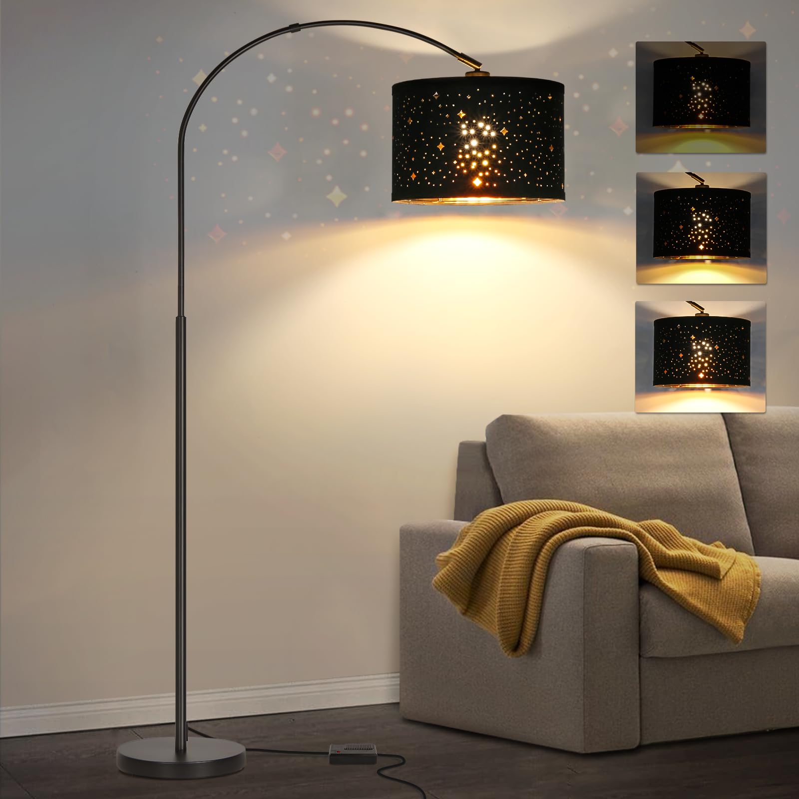 Dimmable Floor Lamp, Arc Floor Lamp for Living Room, Arched Tall Modern Standing Lamp with Adjustable Star Shade, Black Mid Cent