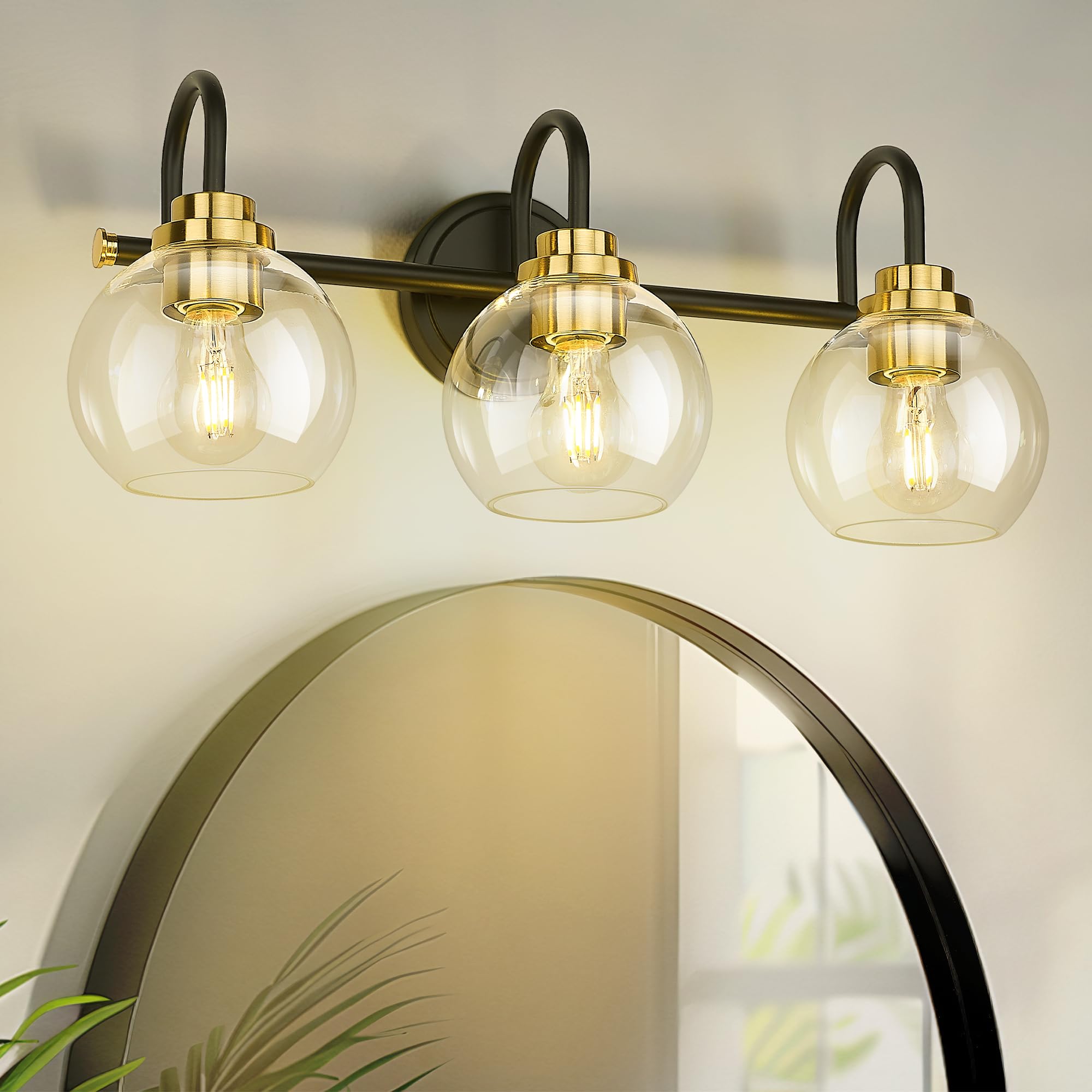 Audickic Bathroom Light Fixtures  3-Light Black And Gold Vanity Lights With Globe Clear Glass  Modern Vanity Lighting Fixtures Over Mirror  Ad-22280-3W-Kg
