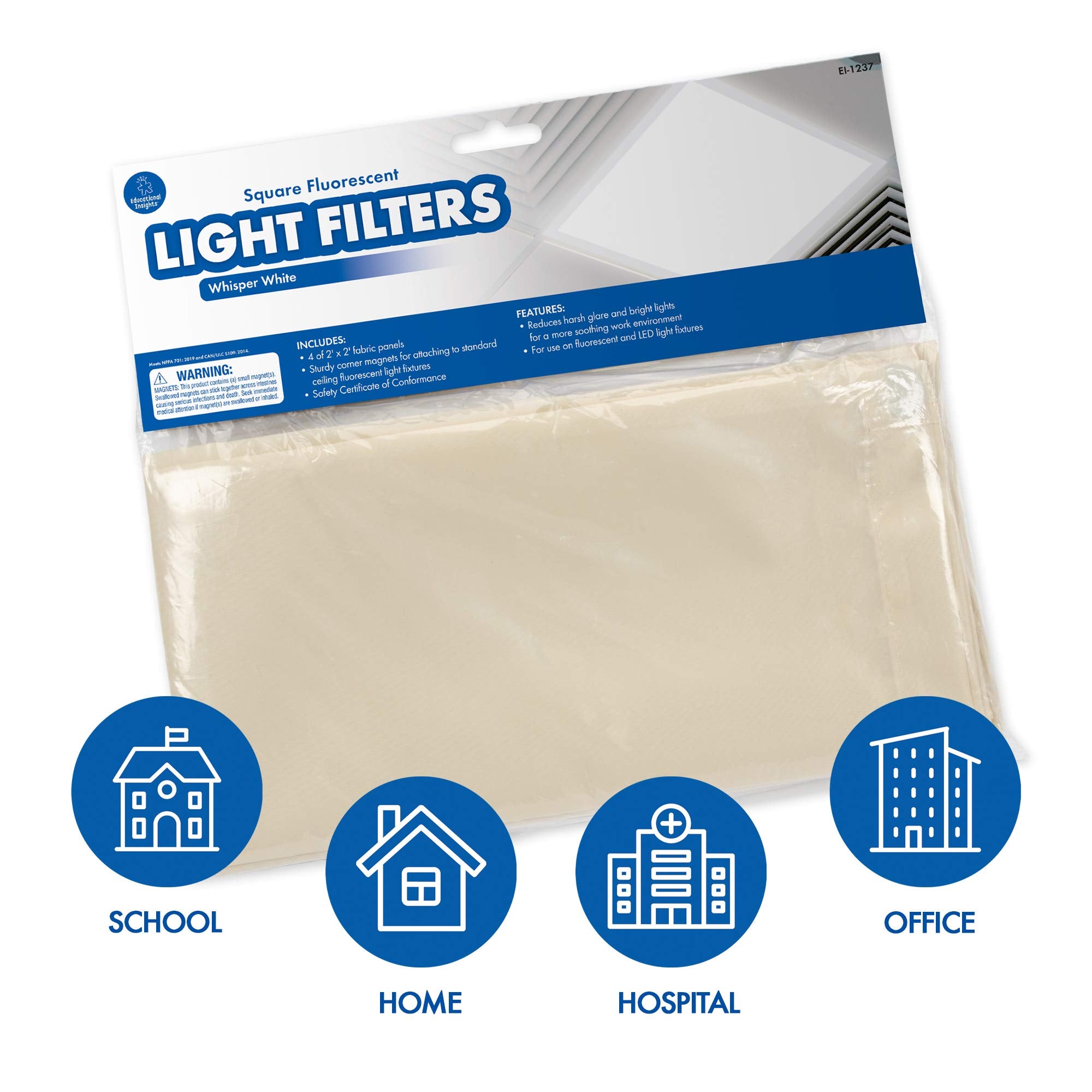Educational Insights Mini Light Filters Whisper White, 2’ X 2’ 4-Pack, Square Fluorescent Light Covers, Easy Install For Office, Hospitals, Home & Classroom Must Haves