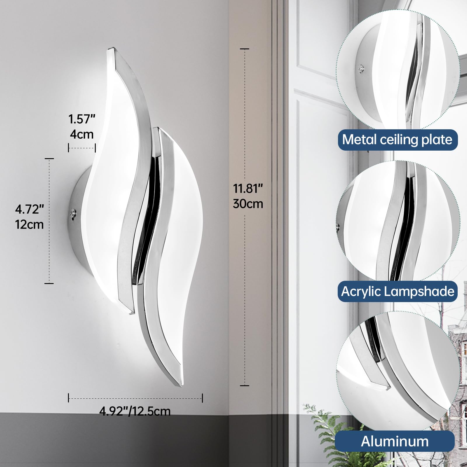 CANEOE Modern LED Wall Sconce, 6000K Acrylic Indoor Light, Chrome, 1 Pack, Model WL-YZCH-C