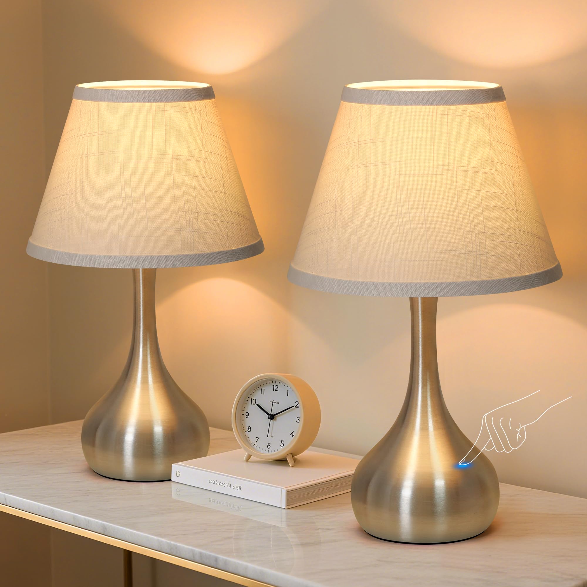 PARTPHONER Touch Table Lamp Set of 2, 3-Way Dimmable, Metal, Nickel, 17” Modern Design, Includes Bulb, Ideal for Bedroom and Office
