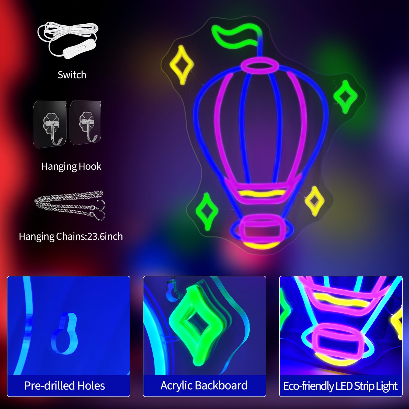 JEDAEMEN Hot Air Balloon Neon Sign LED Light Wall Decor 15.4 x 12.6 inches Blue Purple USB Powered