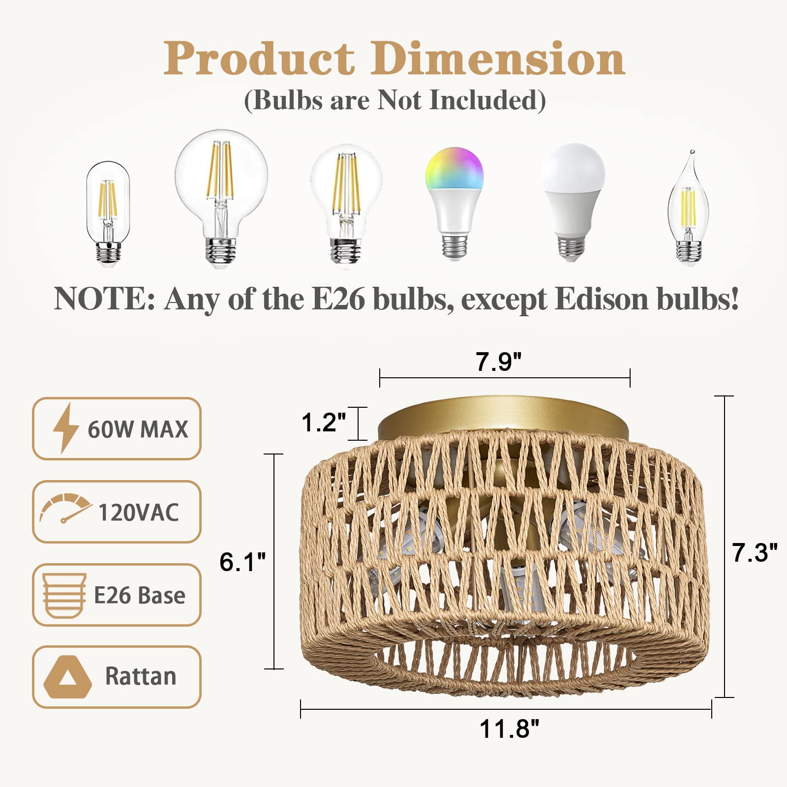 Rattan Light Fixtures Ceiling Mount, 3-Lights Boho Flush Mount Ceiling Light, Hand-Woven Cage Shade Lamp Lighting, Rustic Rattan Chandelier For Hallway Bedroom Kitchen Farmhouse Foyer Entryway (Gold)