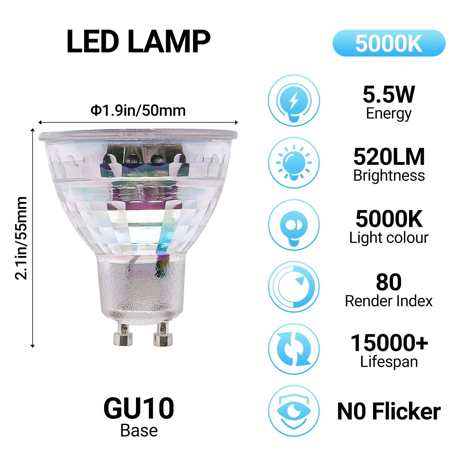 Listocasa Gu10 Led Light Bulbs 5000K Daylight White,5.5W(55W Halogen Equivalent), Dimmable Spotlight Gu10 Led Bulbs, Full Glass