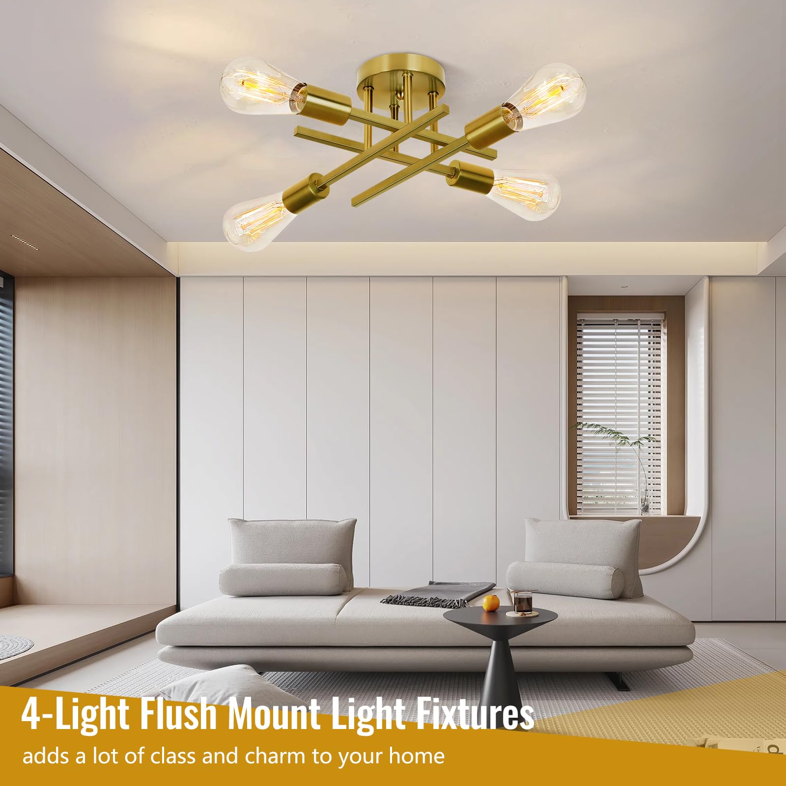 Ceiling Light  Dining Room Light Fixture With E26 Base  Semi Flush Mount Ceiling Light Fixture  Kitchen Lighting Fixtures Ceiling  4-Light Matte Gold Chandelier For Bedroom