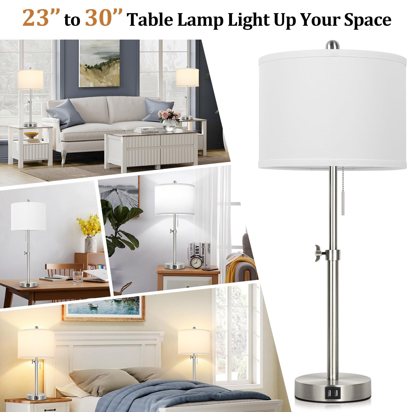 Kondras 23"-30" Adjustable Silver Table Lamp Set of 2 with USB Ports, Metal Nightstand Lamp for Bedroom & Living Room, Model T0450-ST+WH