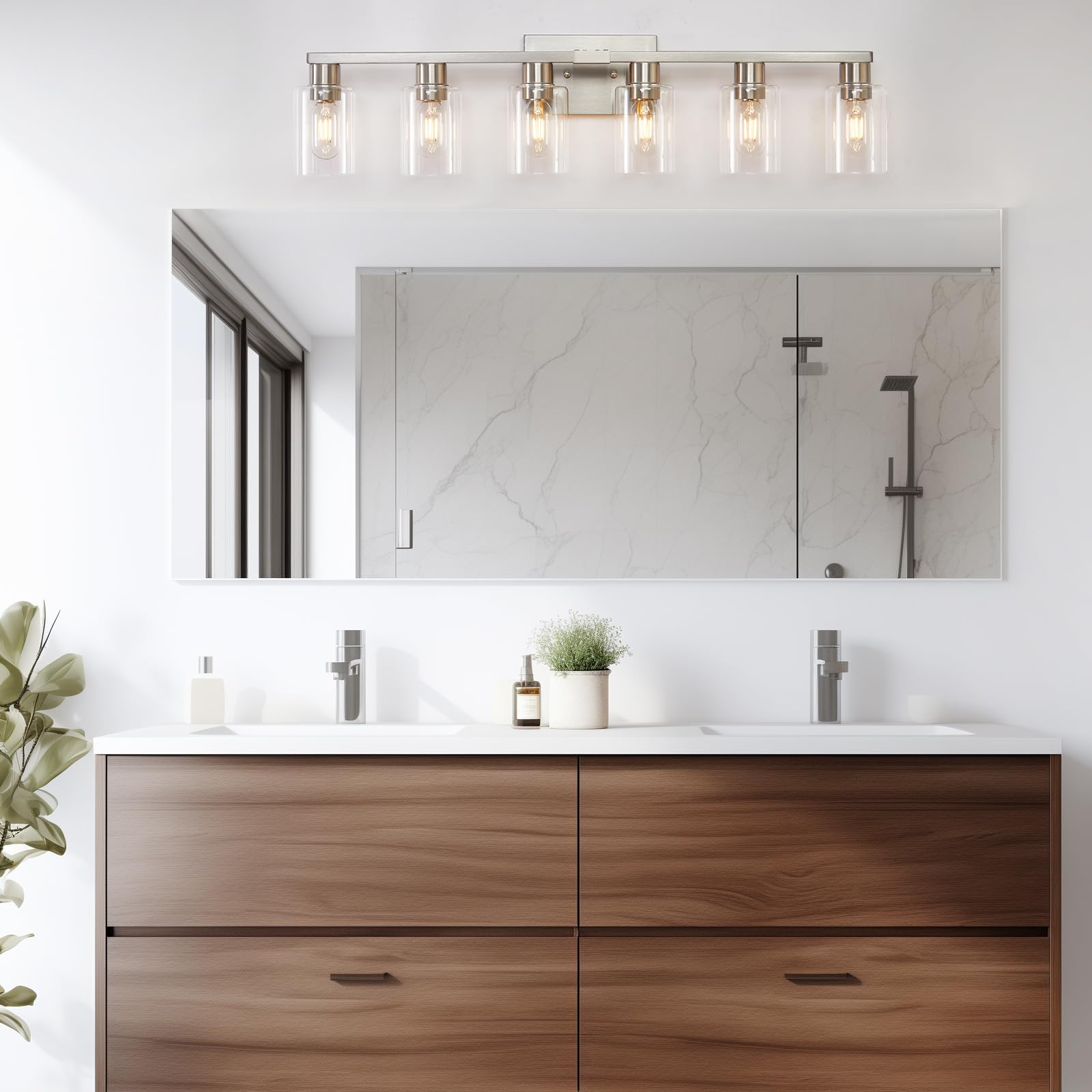 6 Light Bathroom Light Fixtures, Bathroom Vanity Light With Clear Glass, Brushed Nickel Bathroom Lighting Fixtures Over Mirror,