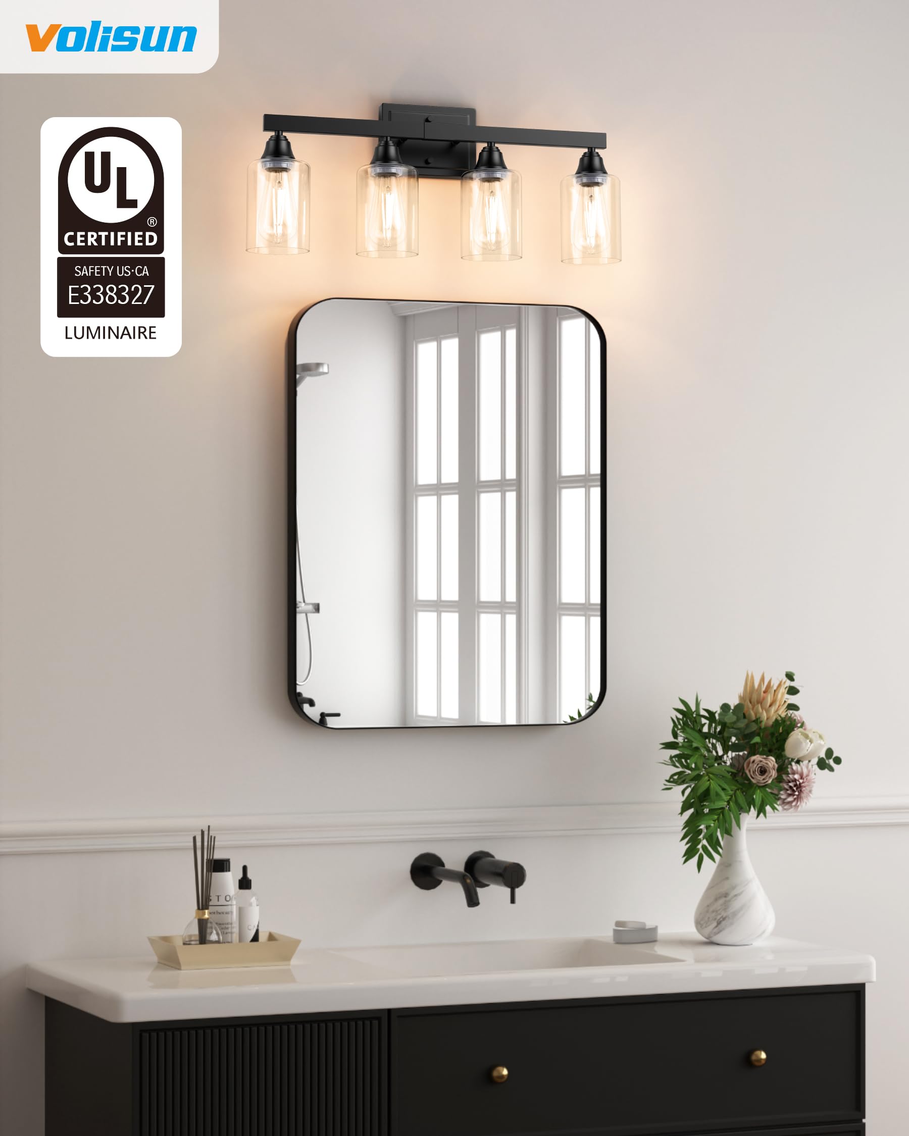 Volisun 4-Light Bathroom Light Fixtures, Matte Black Bathroom Vanity Light Over Mirror, Modern Vanity Light For Bathroom, Bathro
