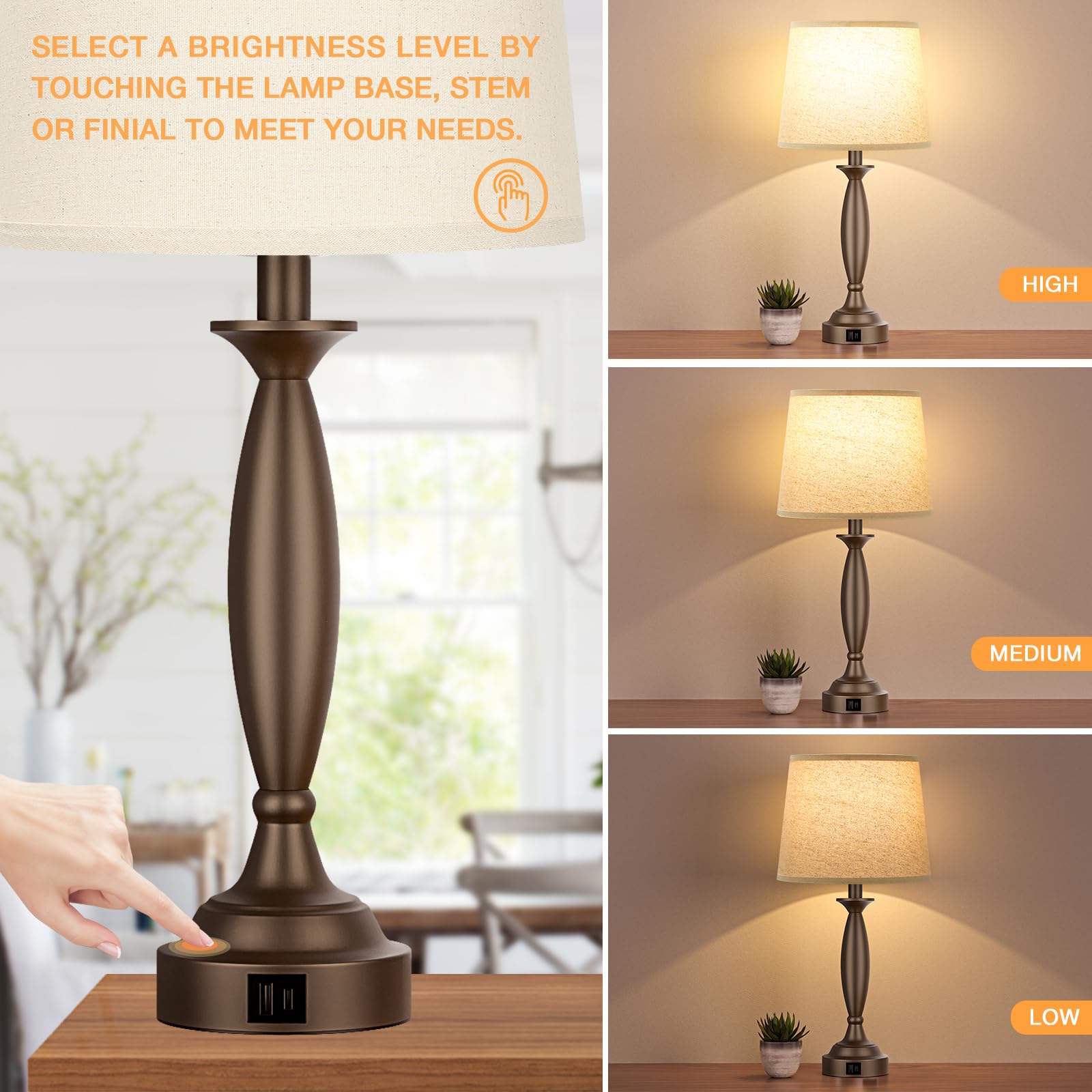 Beige Brown Lamps For Bedrooms Set Of 2 - Touch Control Bedside Lamp With Usb C+A, 3 Way Dimmable Nightstand Lamps With Usb Port