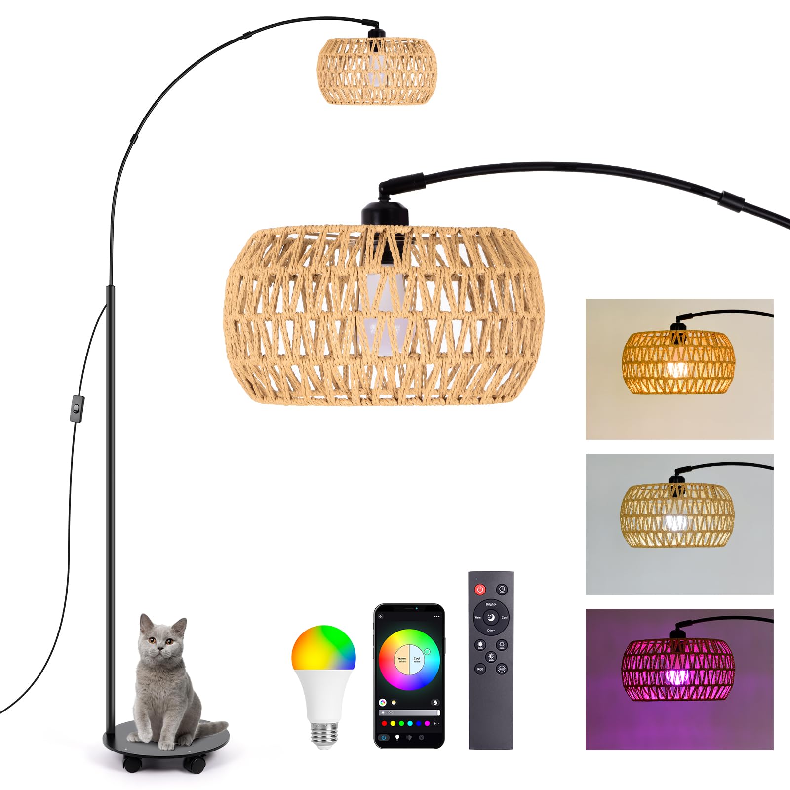 JingleChoo RGB Arc Floor Lamp with 3 Color Temperatures, Dimmable Rattan Boho Standing Lamp, APP and Remote Control, Modern Tall