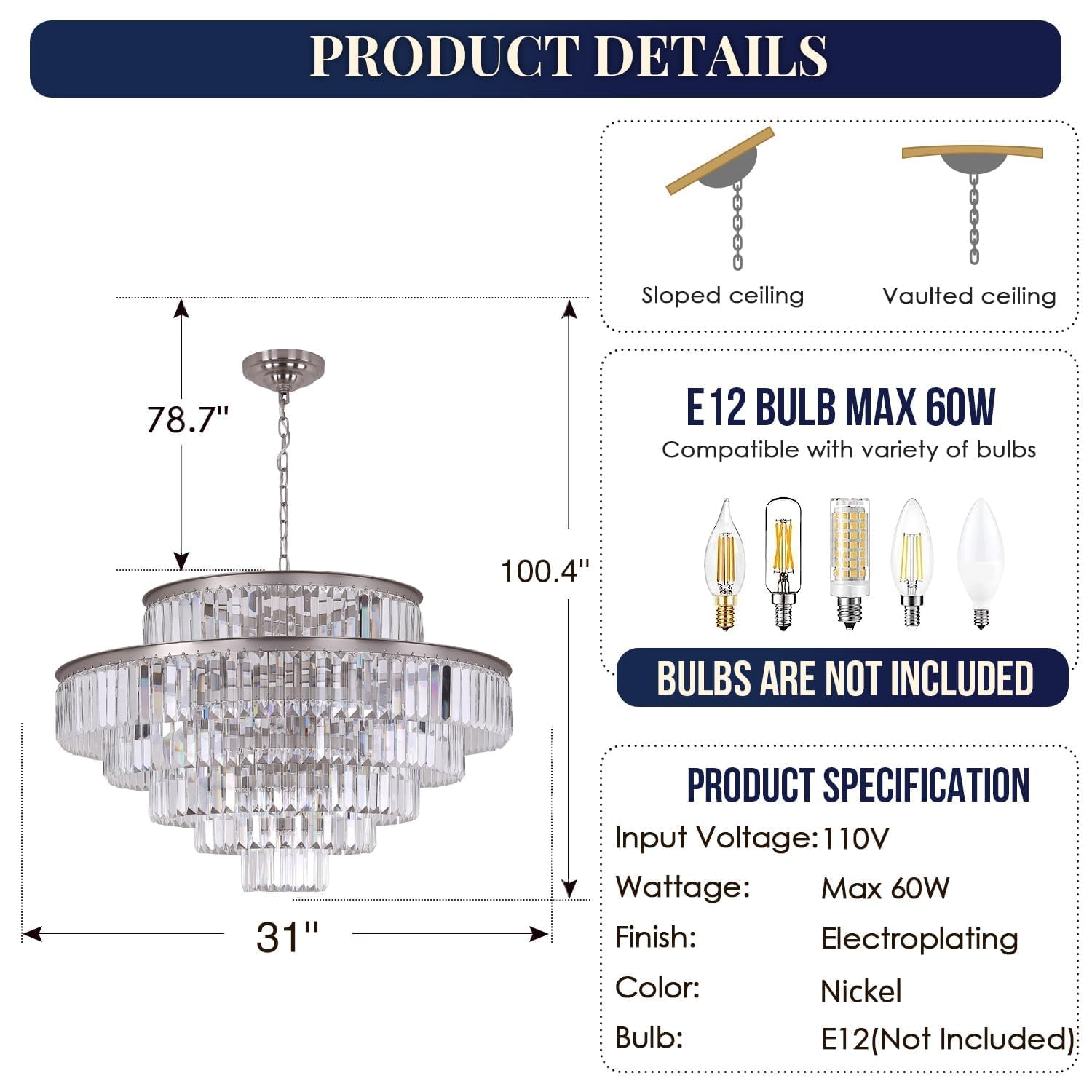 GMlixin Crystal Round Chandelier, 31 Inch, 7-Tier, 17-Lights, Nickel Finish, Model GM2950-800-N for Dining Room, Living Room, Bedroom