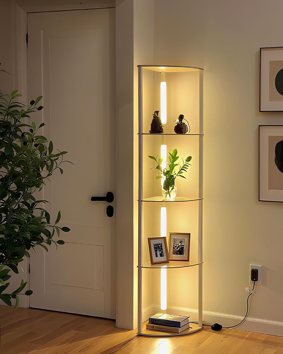 Lightdot Corner Floor Lamps with Shelves, 64Inch 5-Tier Storage Shelf Lamp with Integrated LED Posts/Walnut Shelf/White Frame, W