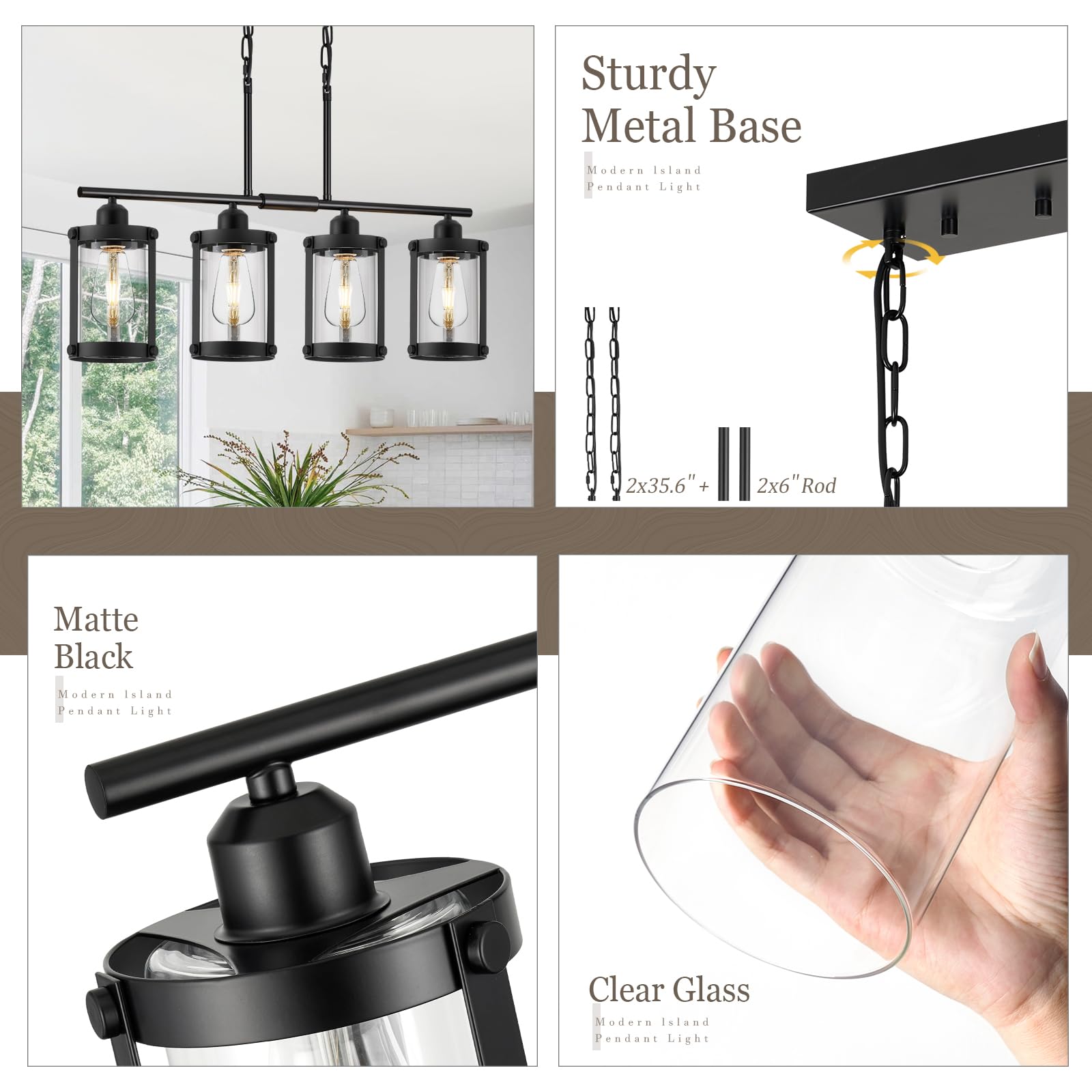 Osimir 4-Light Linear Kitchen Island Chandelier, Black & Clear Glass, Model OS-3014-4ISBK