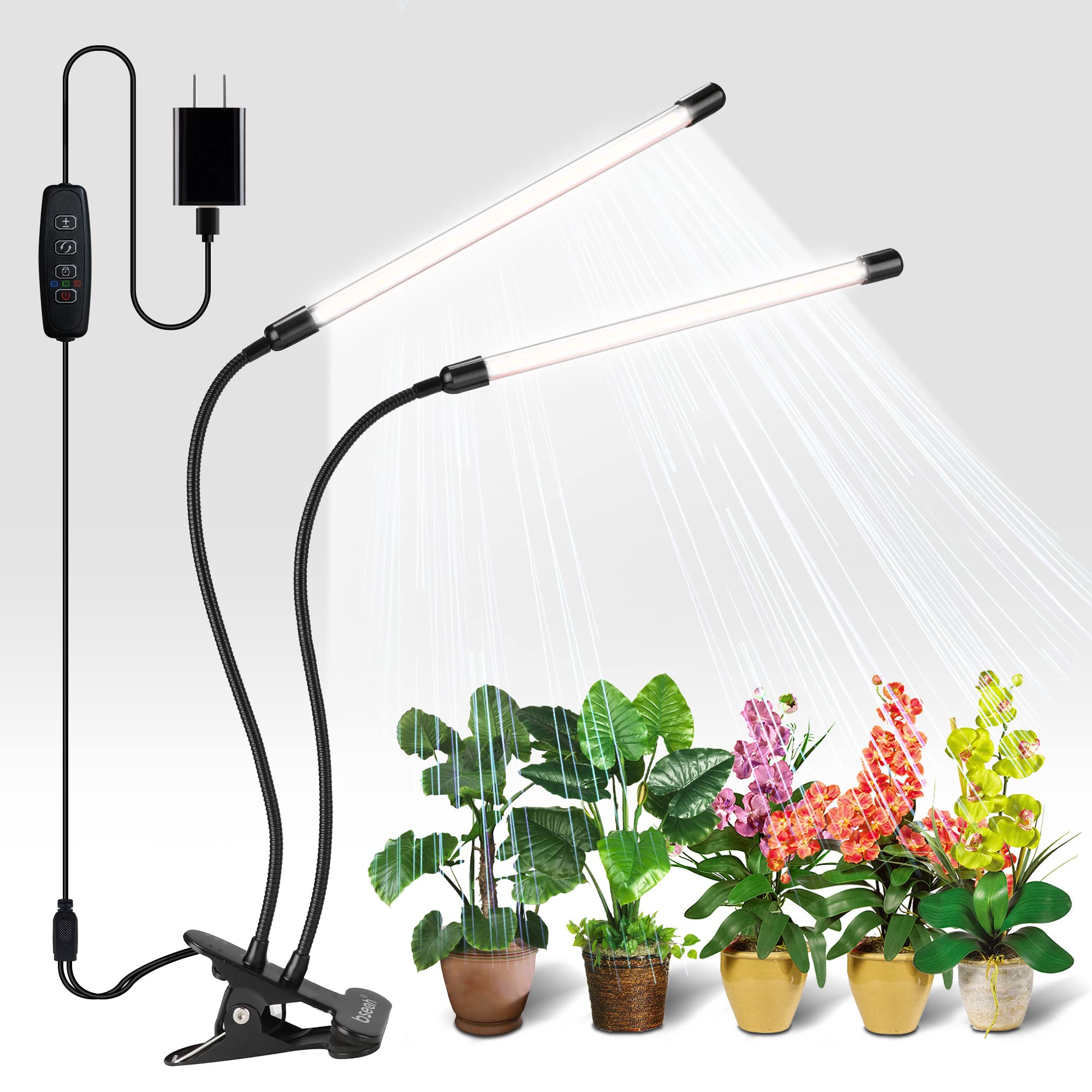 bseah Plant Grow Light - Full Spectrum, 3 Modes, 10-Level Dimmable, 2 Head White, Black, Auto Timer for Indoor Plants
