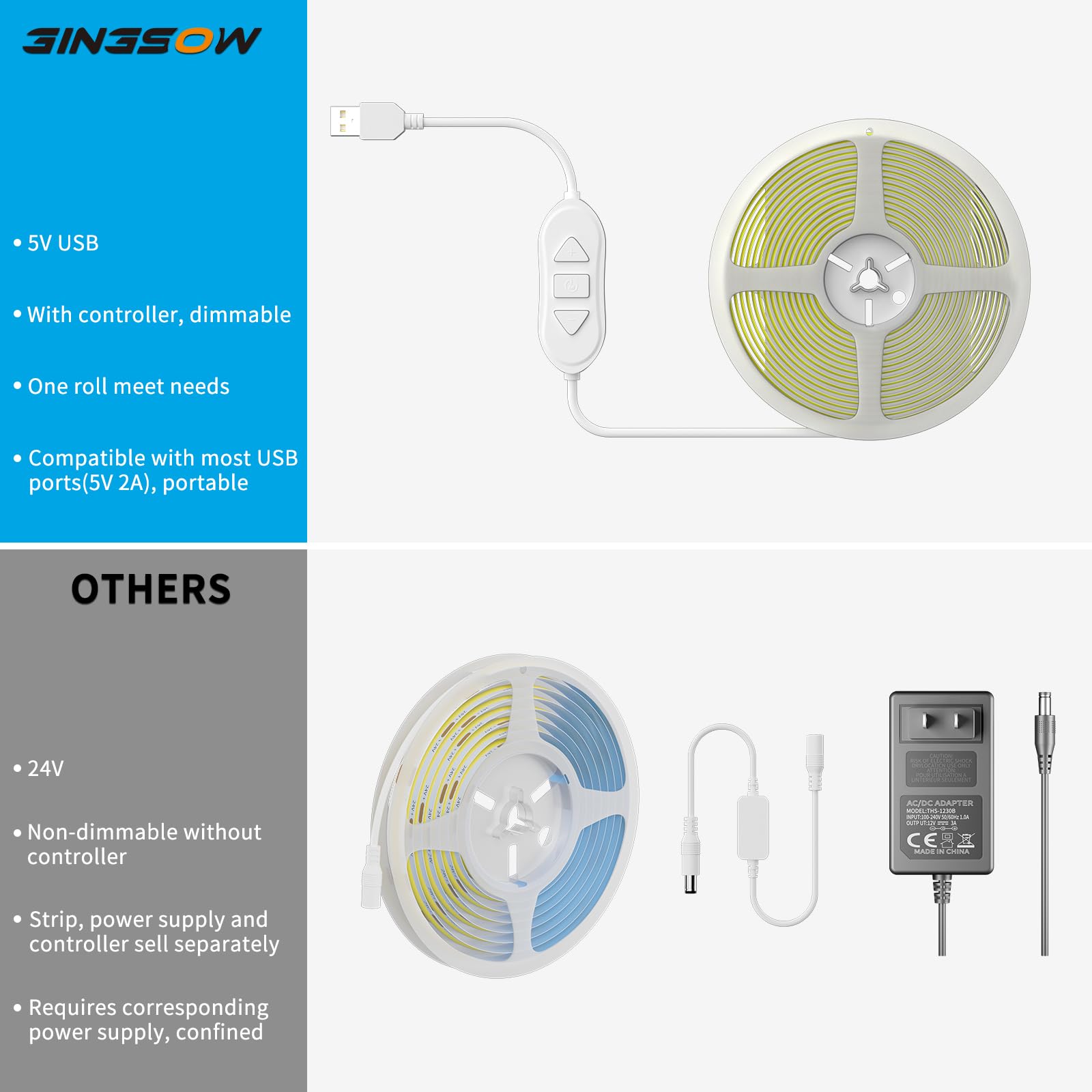 Gingsow Usb 5V Cob Led Strip Lights 3.28Ft/1M, Warm White 2700K Dimmable Usb Powered Density Cob Tape Flexible Cuttable Led Strip For Tv Backlight, 3D Printer, Rv, Sewing Machine, Bedroom, Mirror