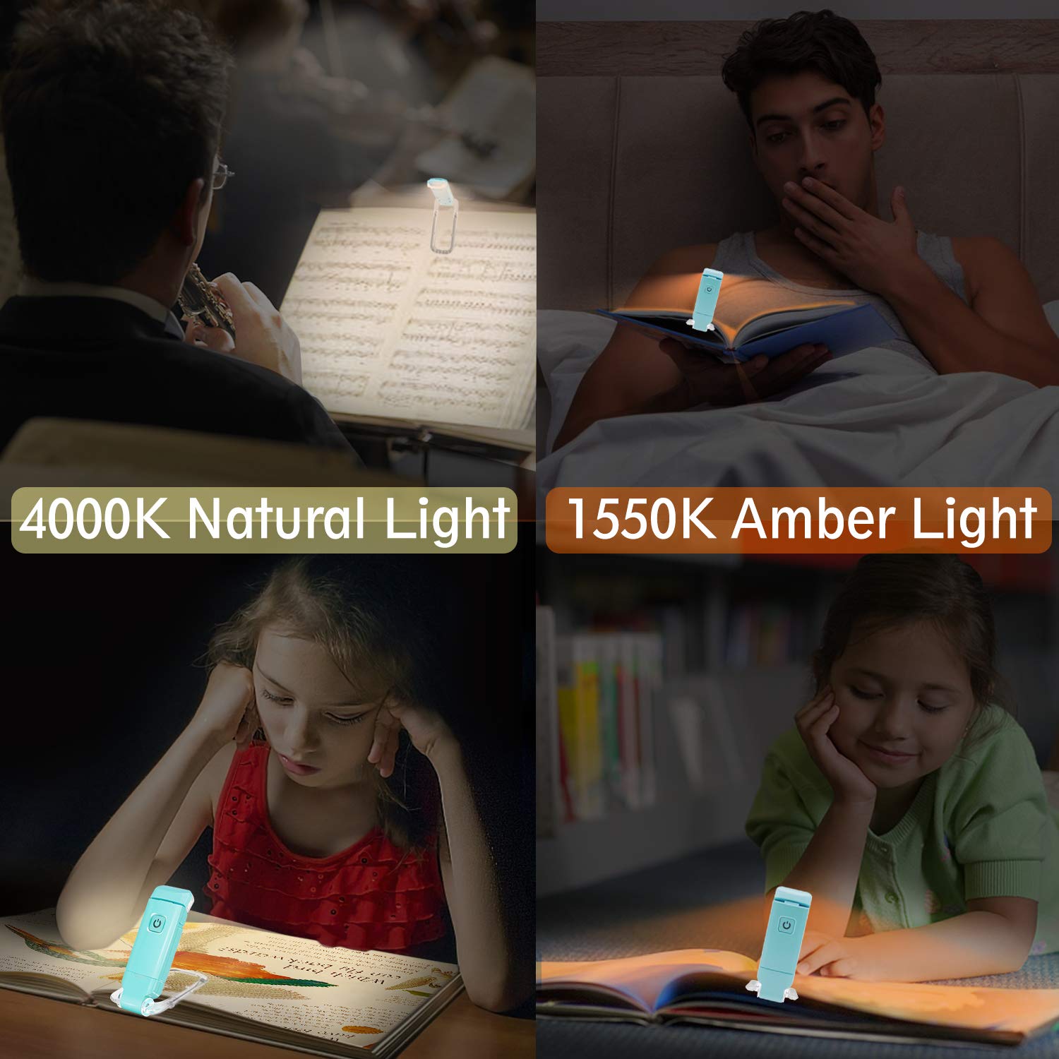 Biglight Amber Book Reading Light, Led Clip On Book Lights, Reading Lights For Books In Bed, Small Book Light For Kids, Usb Rech