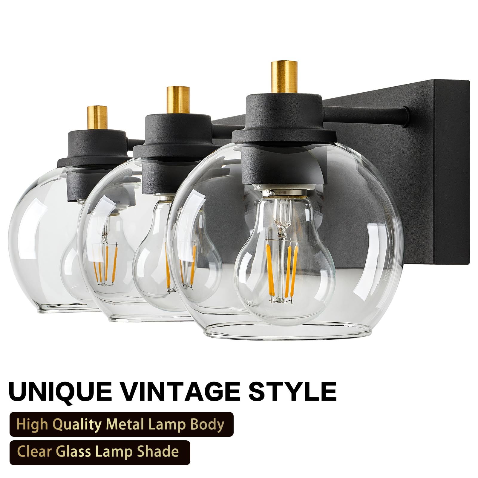 Tuscarora 3 Light Bathroom Vanity Light, Black And Gold Bathroom Light Fixtures Over Mirror, Modern Vanity Light With Clear Glass Shade, Black Wall Sconce For Bathroom, Bedroom